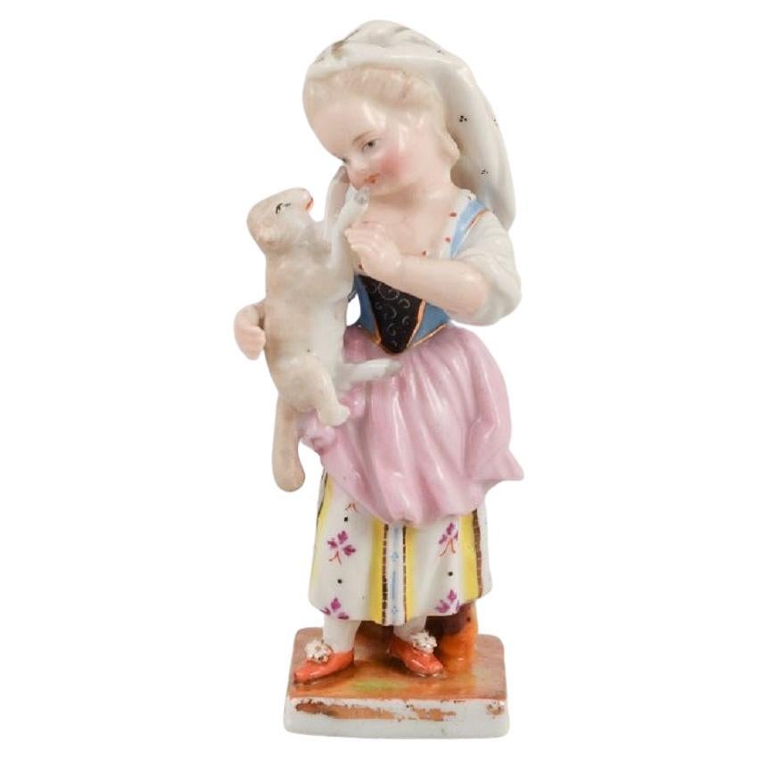 Porcelain Figurine of a Girl with a Lamb, Late 19th C For Sale