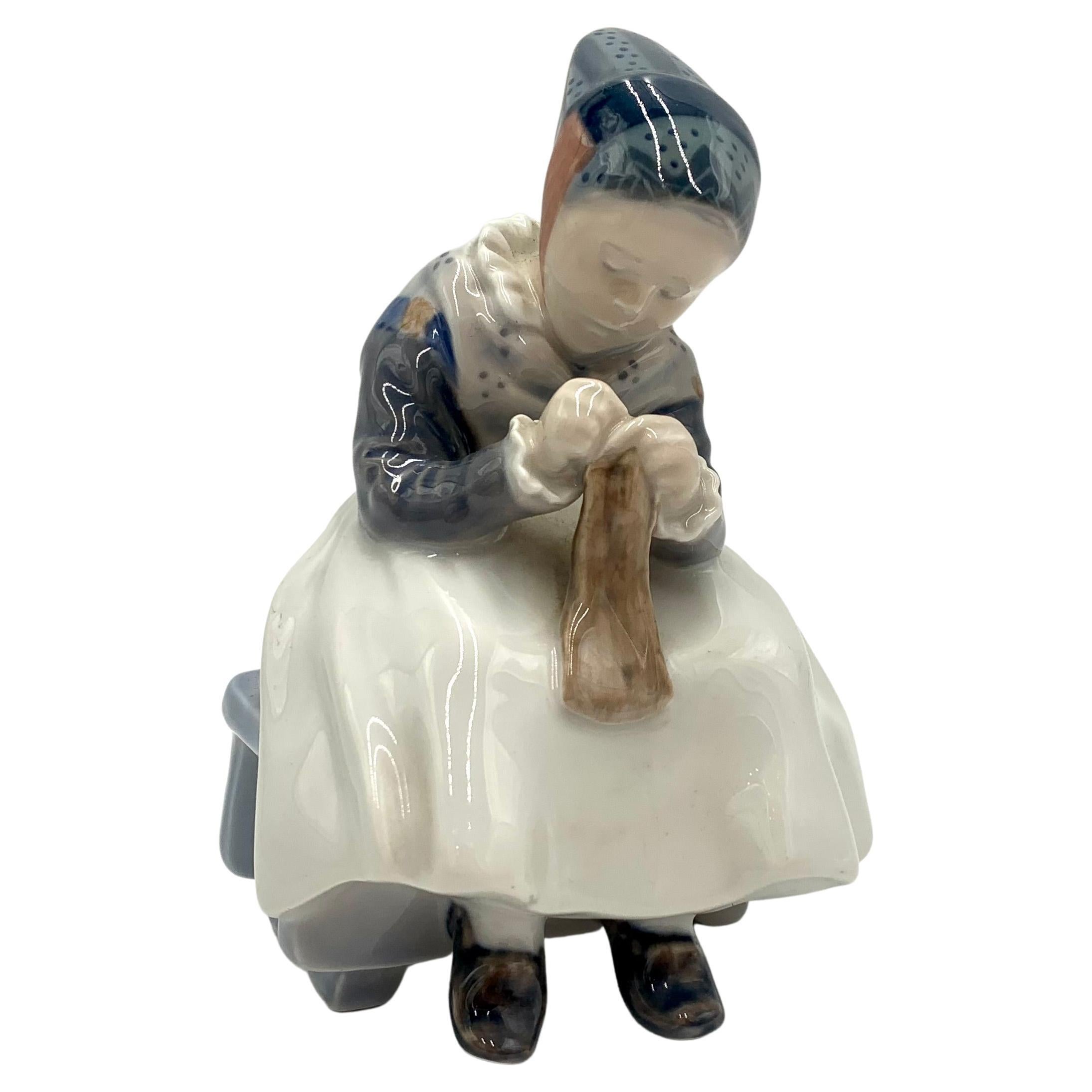 Porcelain Figurine of a Sewing Woman, Royal Copenhagen, Denmark For Sale