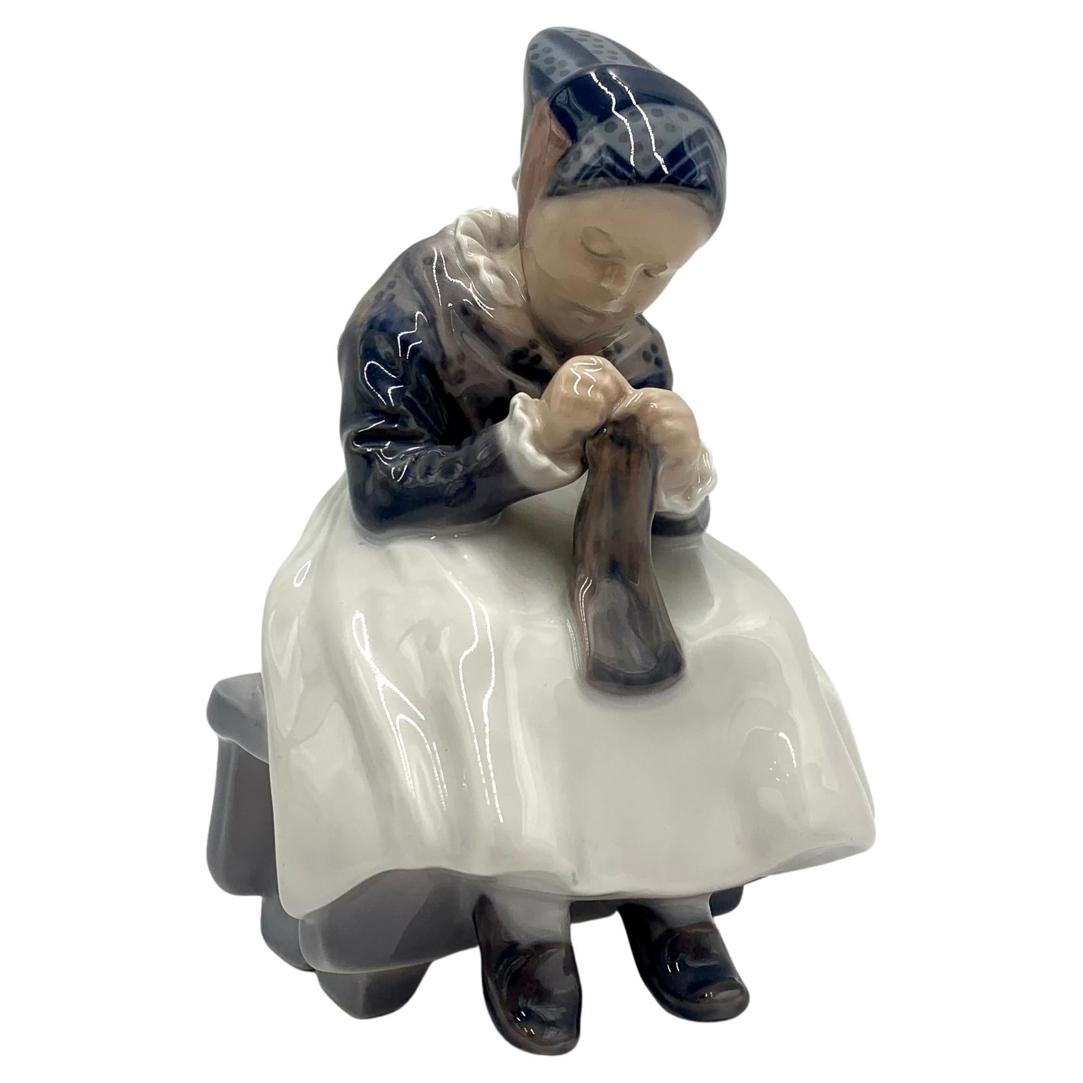 Porcelain Figurine of a Sewing Woman, Royal Copenhagen, Denmark