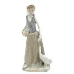 Retro Porcelain Figurine of a Woman with a Goose, Nao Lladro, Spain