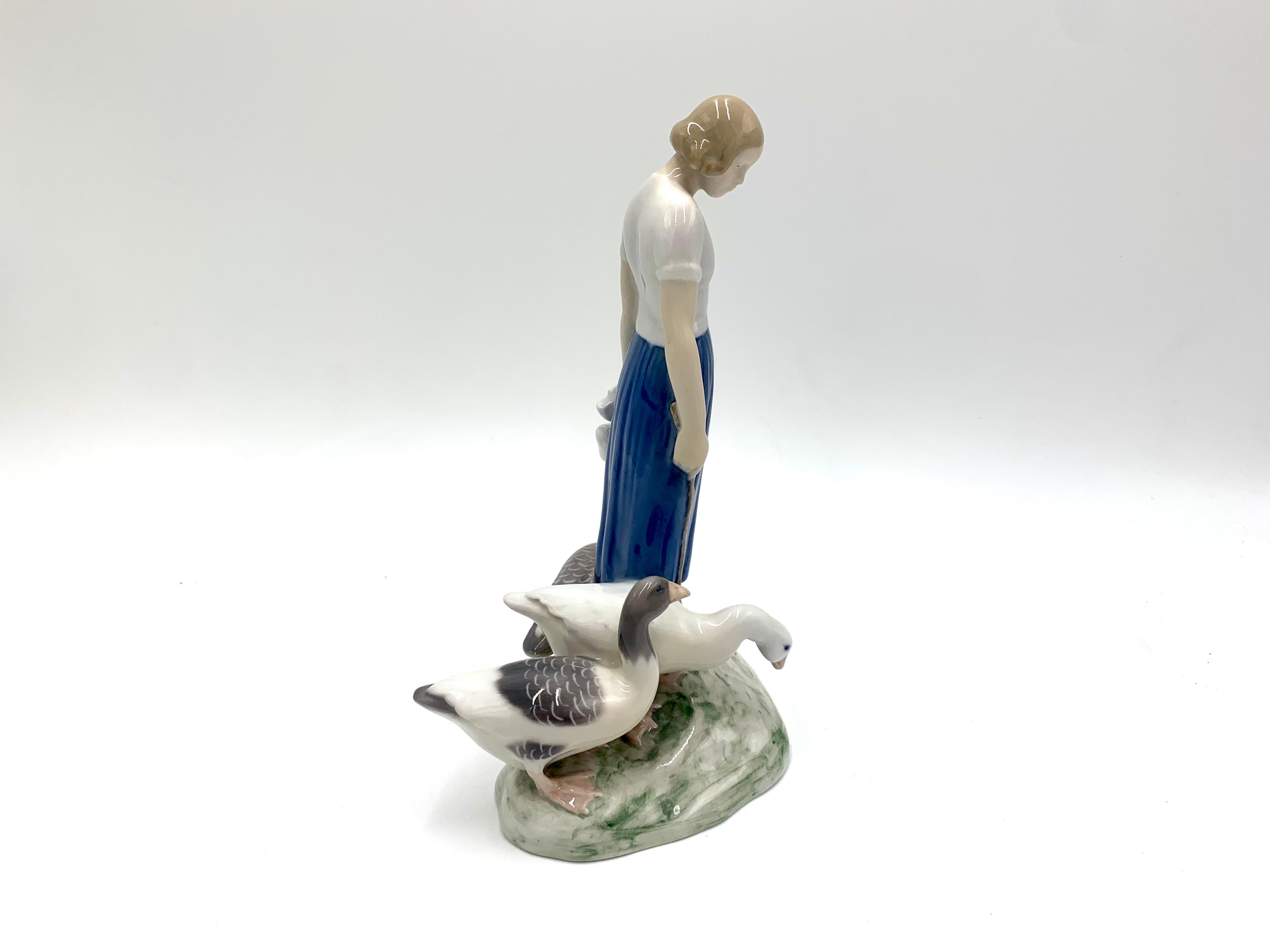 Mid-Century Modern Porcelain Figurine of a Woman with Geese, Bing & Grondahl, Denmark, 1950s / 1960