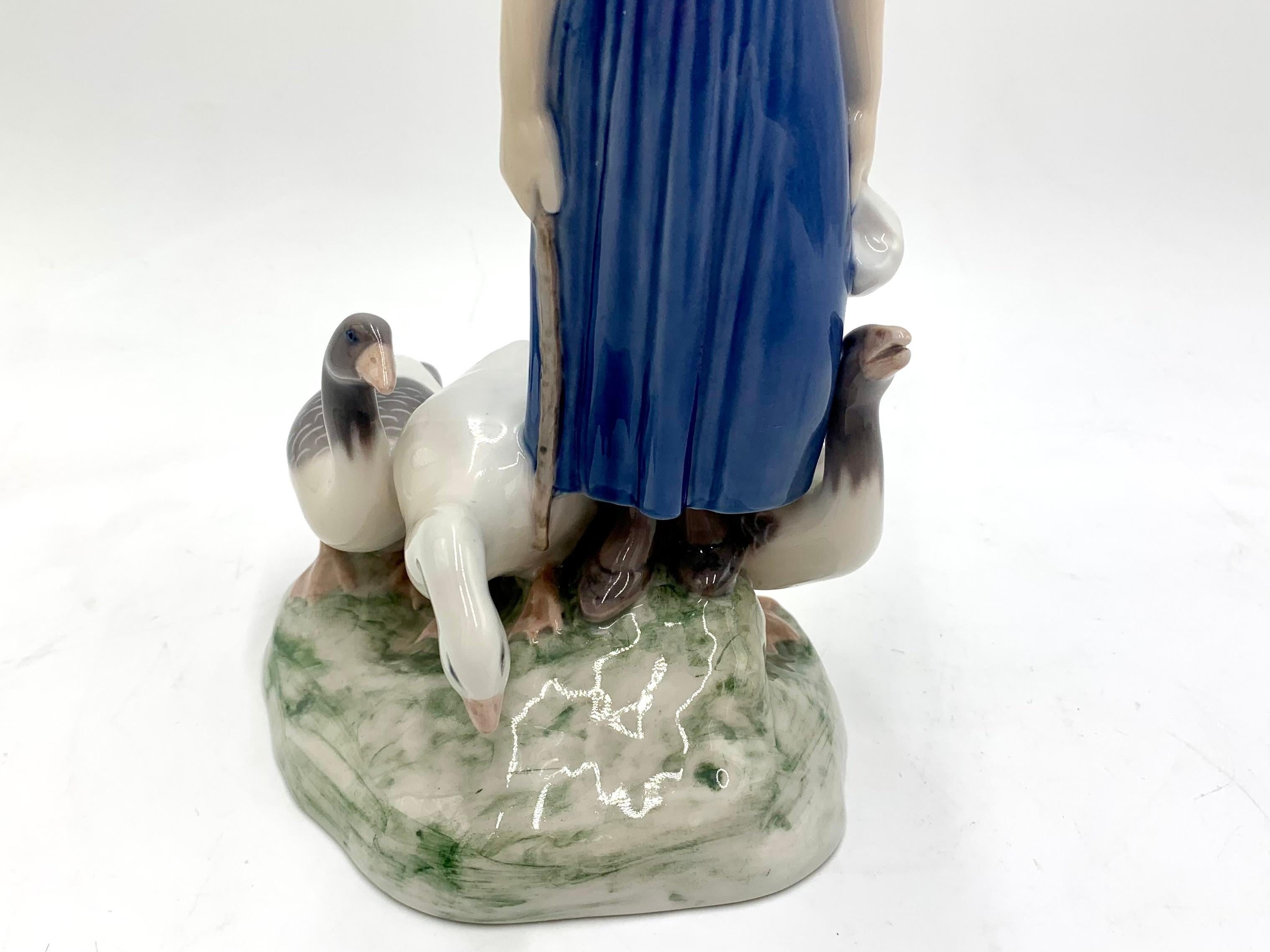 20th Century Porcelain Figurine of a Woman with Geese, Bing & Grondahl, Denmark, 1950s / 1960