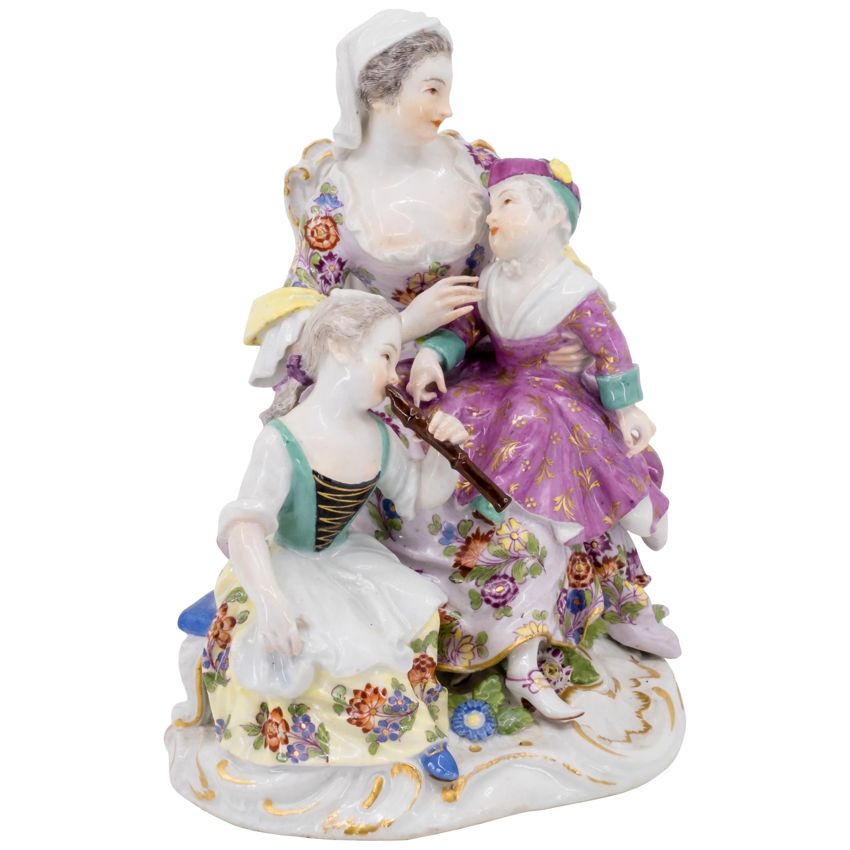 Porcelain Figurine of Mother and Childrens, Hand Painted, 18th Century, Meissen For Sale