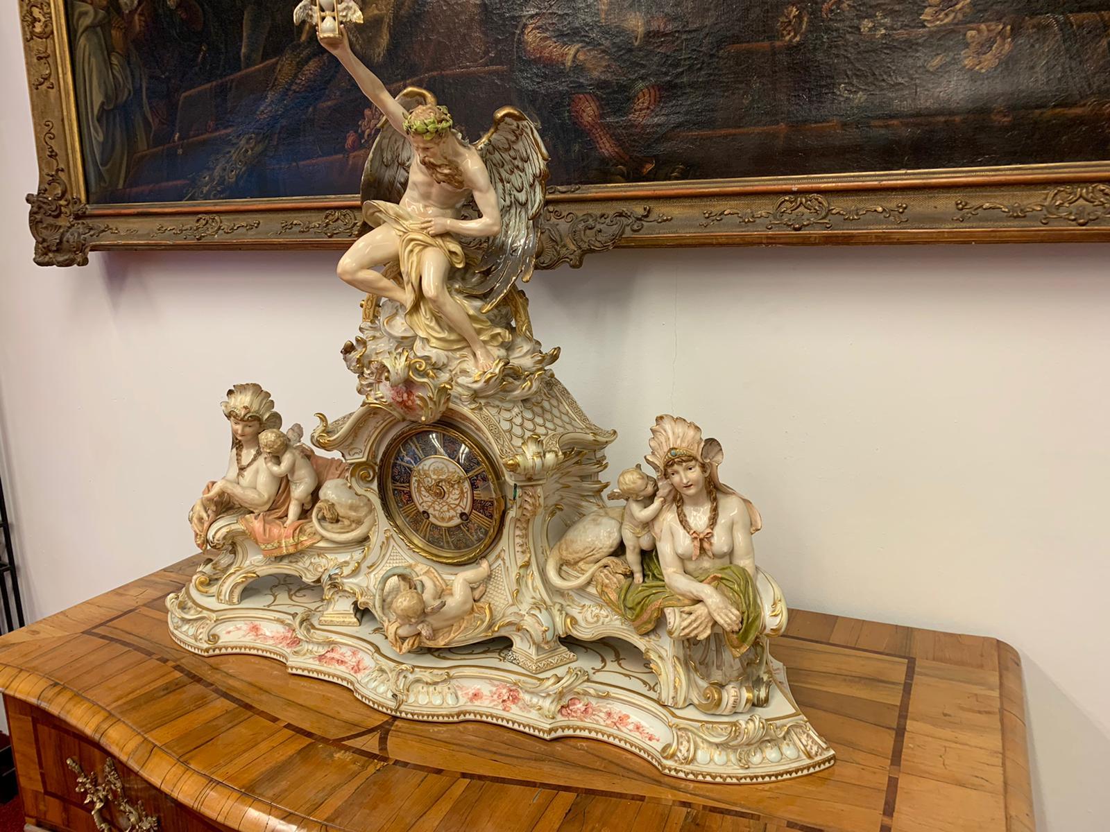 Rococo Porcelain Fireplace-Mantel Clock with Two Sphinxes and Cherubs KPM, Berlin