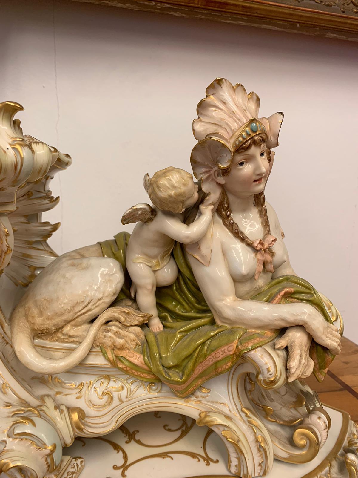 Porcelain Fireplace-Mantel Clock with Two Sphinxes and Cherubs KPM, Berlin 1