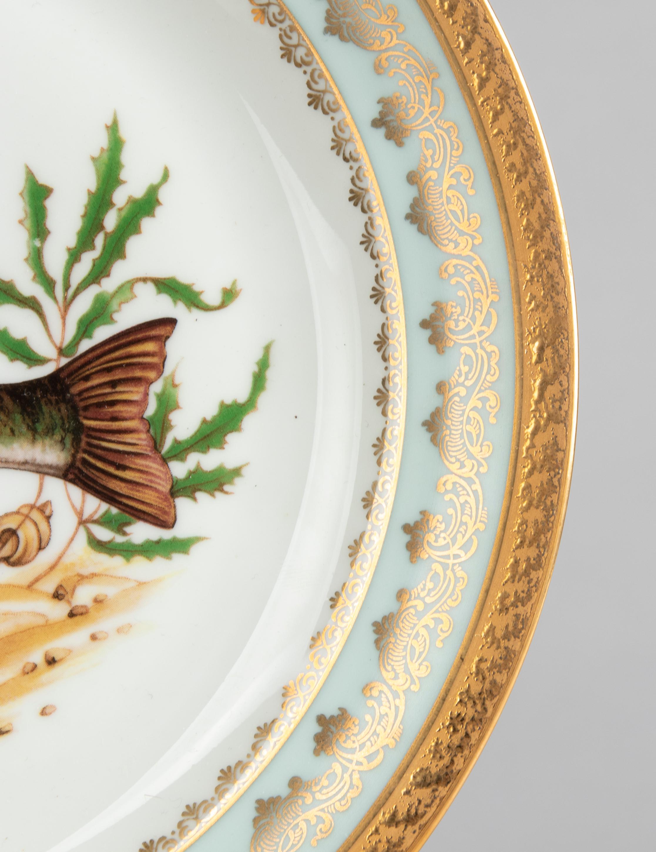 20th Century Porcelain Fish Service by Limoges Chadelaud with Gilt Encrusted Rims