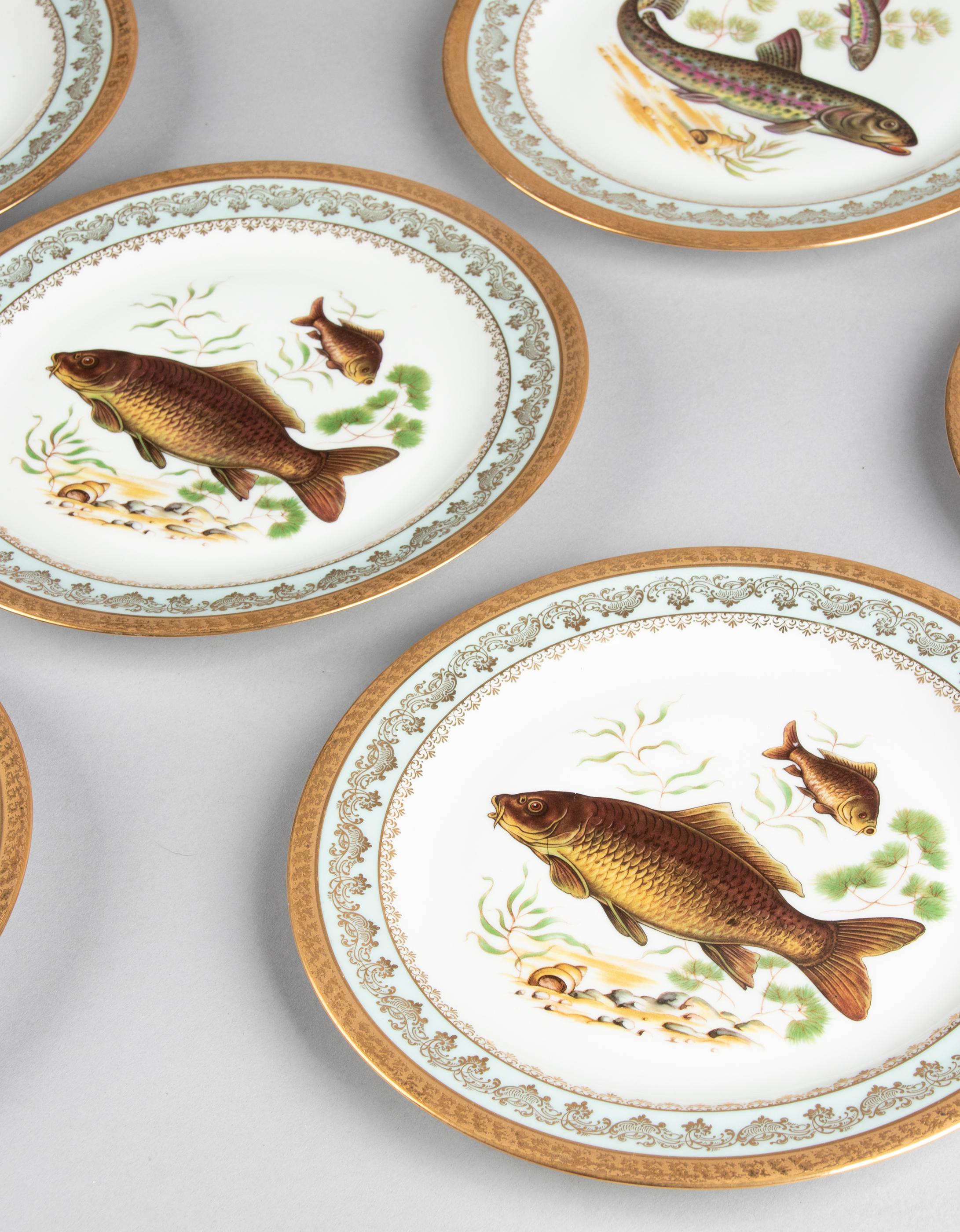 Porcelain Fish Service by Limoges Chadelaud with Gilt Encrusted Rims 1