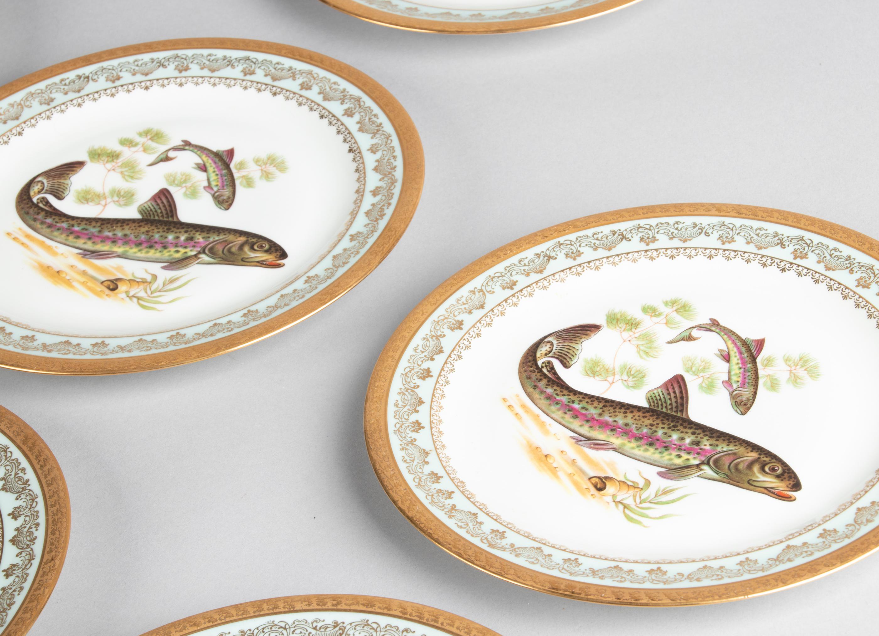 Porcelain Fish Service by Limoges Chadelaud with Gilt Encrusted Rims 2