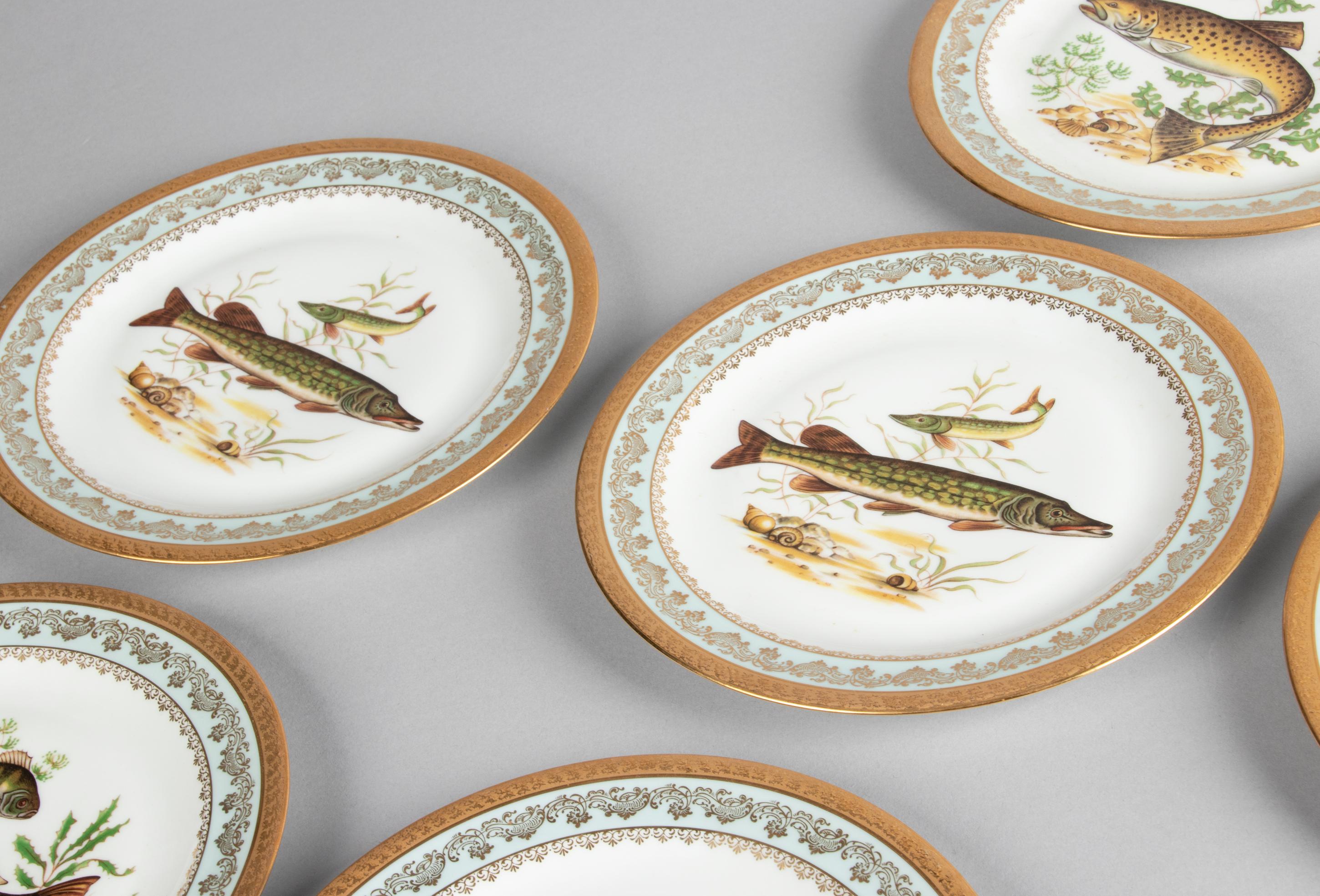Porcelain Fish Service by Limoges Chadelaud with Gilt Encrusted Rims 3