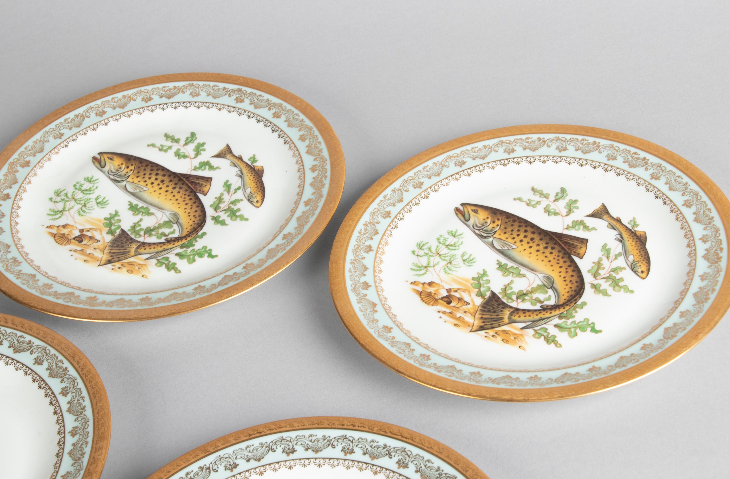 Porcelain Fish Service by Limoges Chadelaud with Gilt Encrusted Rims 4
