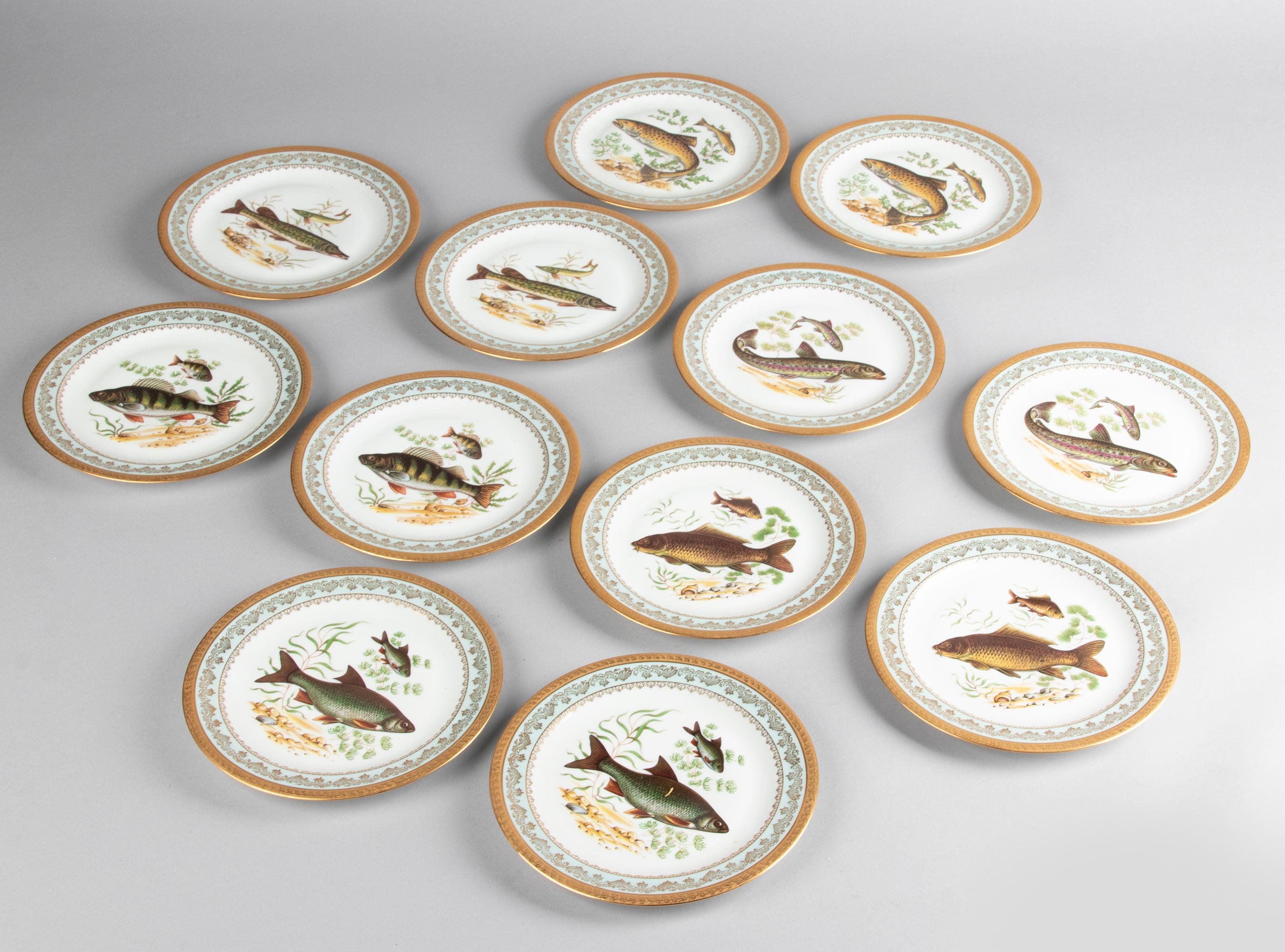 Other Porcelain Fish Service by Limoges Chadelaud with Gilt Encrusted Rims