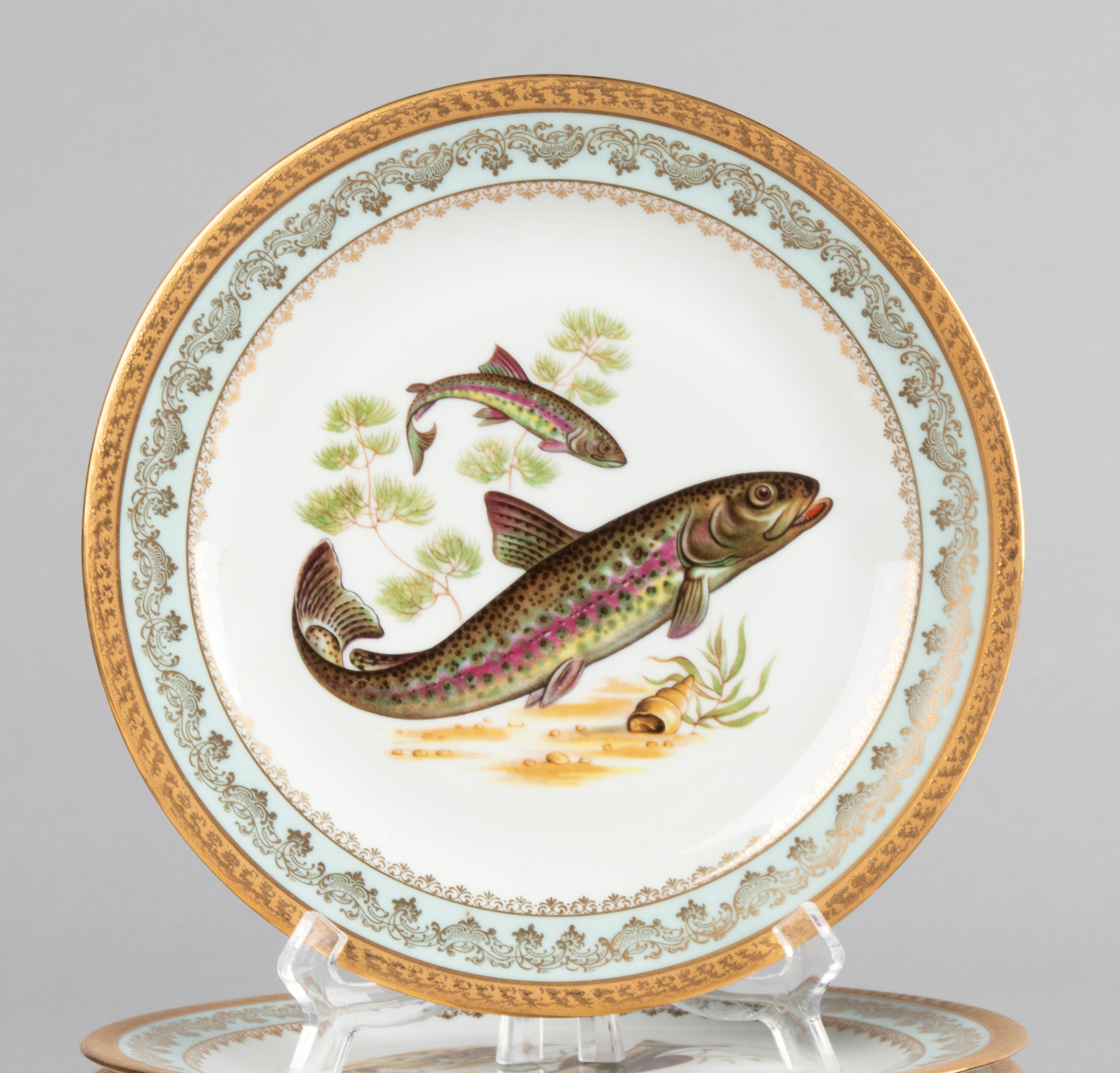 French Porcelain Fish Service by Limoges Chadelaud with Gilt Encrusted Rims