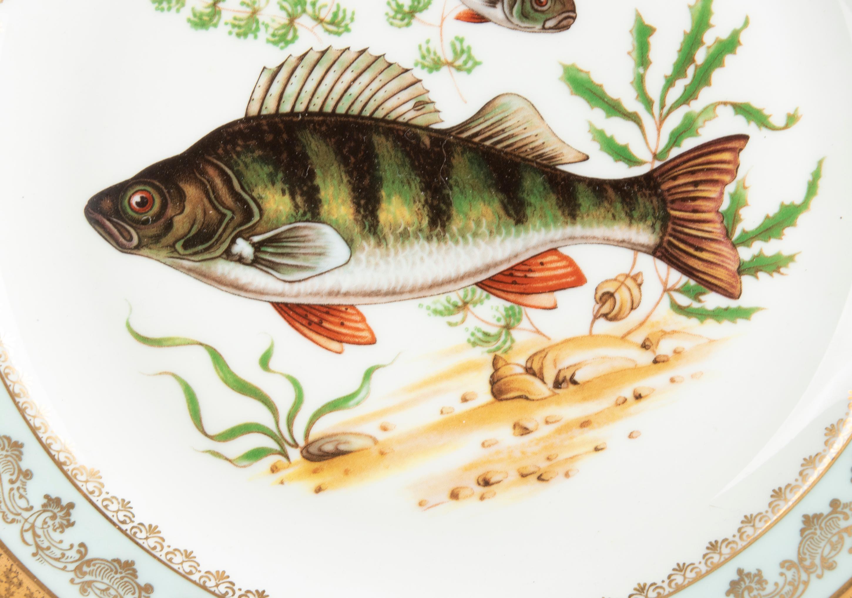 Inlay Porcelain Fish Service by Limoges Chadelaud with Gilt Encrusted Rims