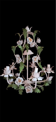 Porcelain Floral Roses Flower chandelier Bianci Bright Boho Tole , Italy 1950s