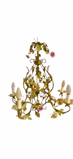 Porcelain Floral Roses Flower chandelier Bianci Bright Boho Tole , Italy 1950s