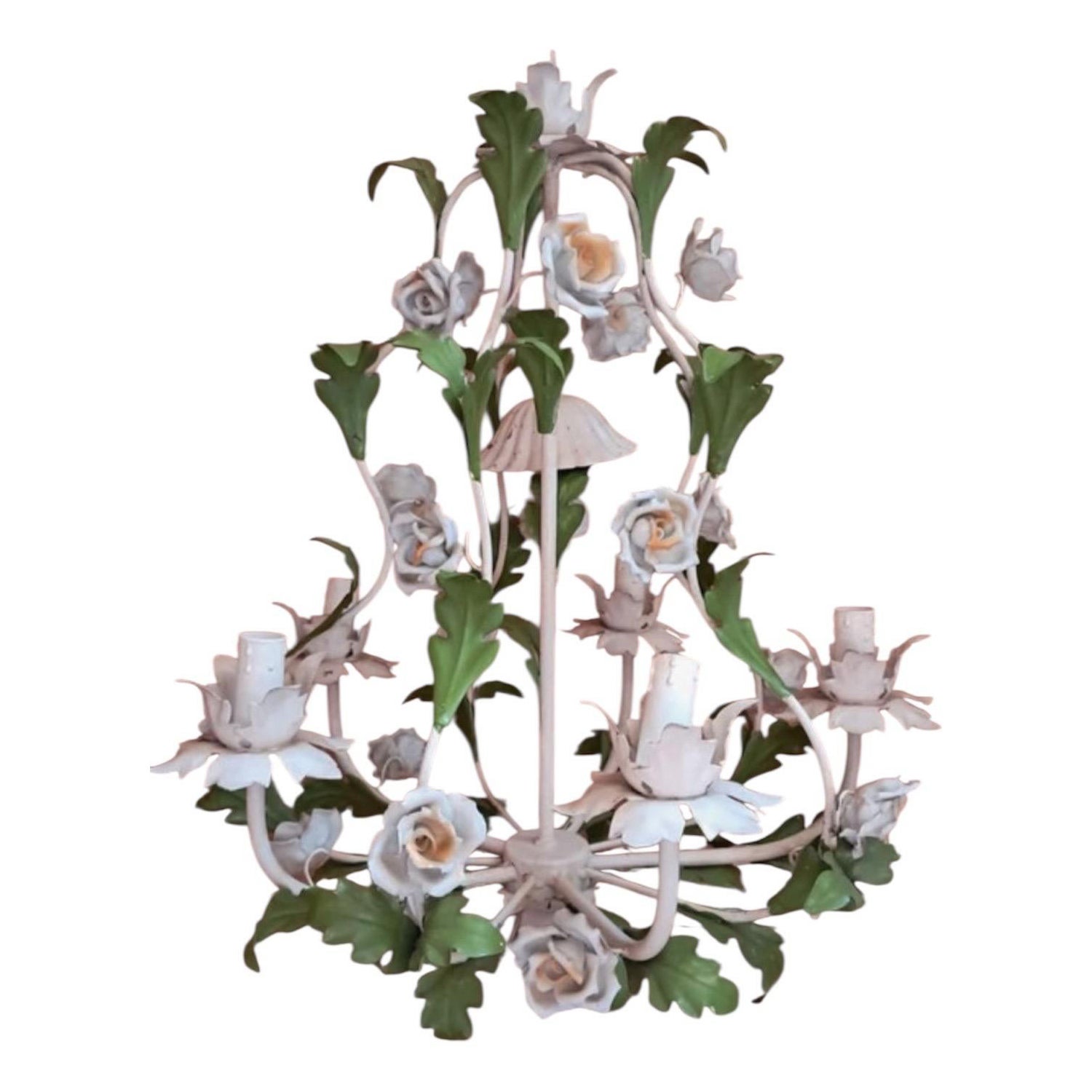Porzellan Floral Roses Flower Kronleuchter Bianci Bright Boho Tole , Italien 1950s
