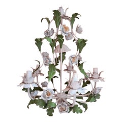 Porcelain Floral Roses Flower chandelier Bianci Bright Boho Tole , Italy 1950s