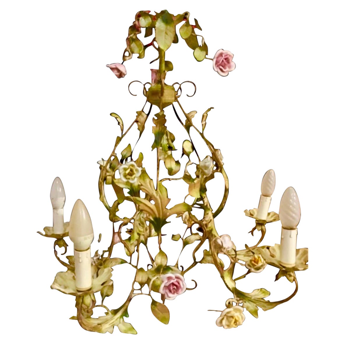 Porzellan Floral Roses Flower Kronleuchter Bianci Bright Boho Tole , Italien 1950s im Angebot