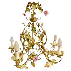Porcelain Floral Roses Flower chandelier Bianci Bright Boho Tole , Italy 1950s