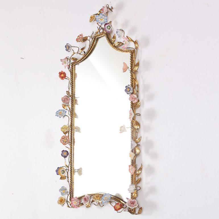Very unusual, vintage Mid-20th Century, Italian gilt metal-framed mirror, with hand-painted floral details.



  