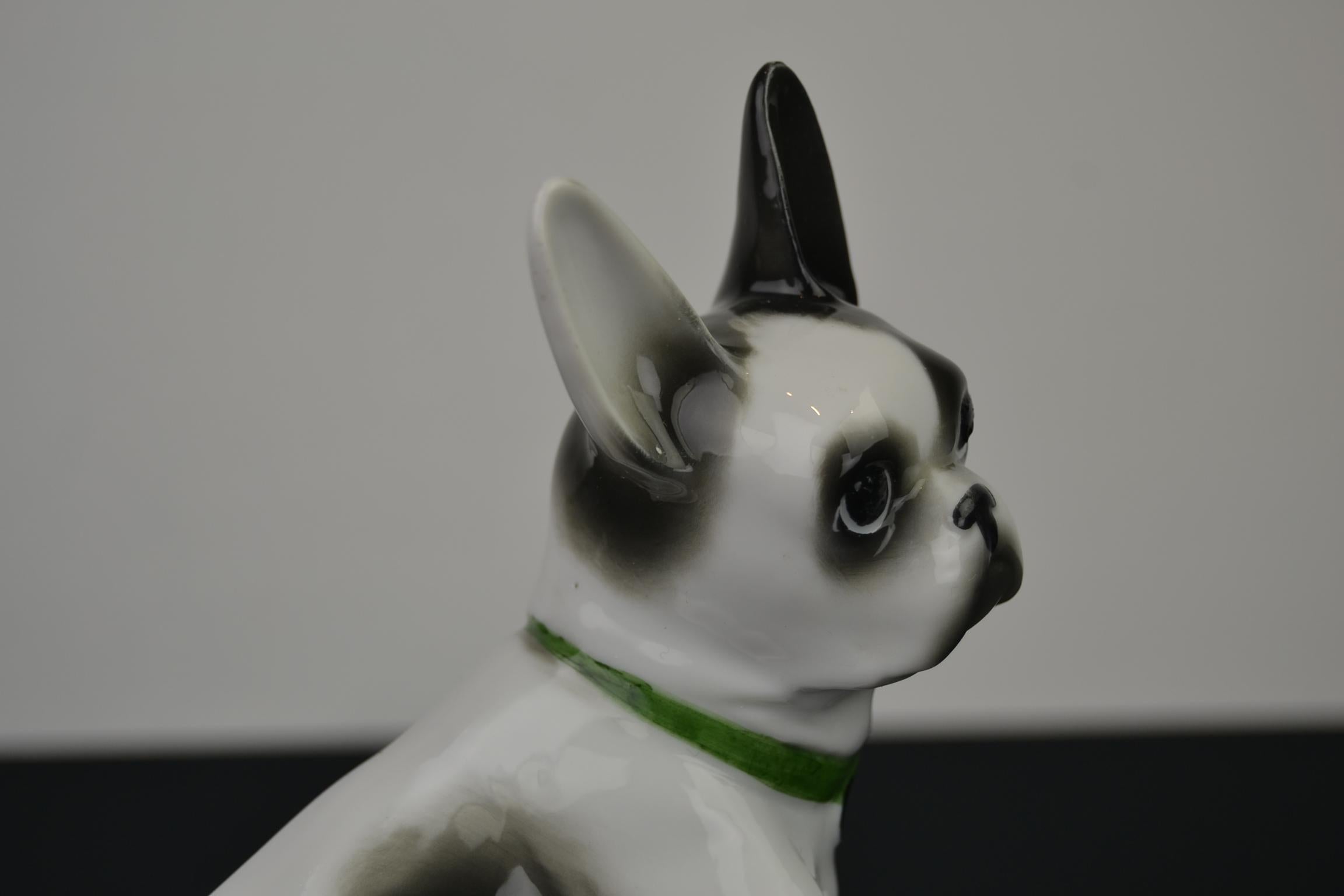 Porcelain French Bulldog, Boston Terrier Sculpture with Green Collar 1