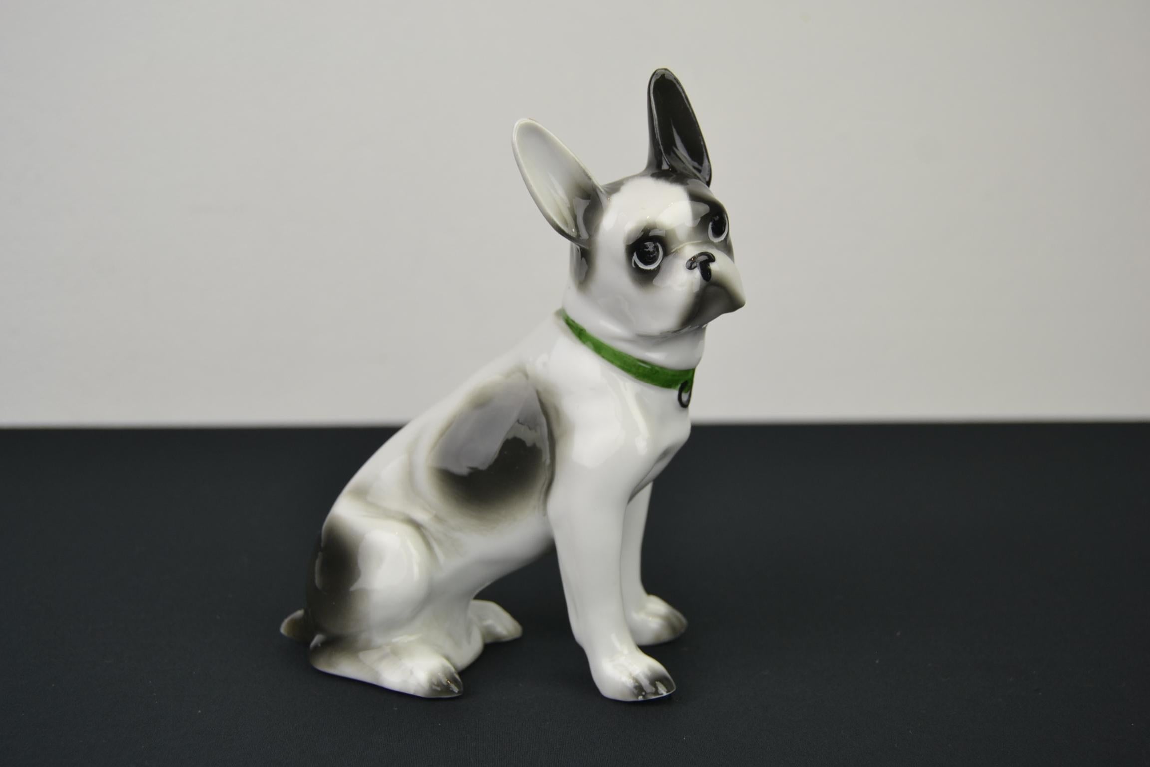 European Porcelain French Bulldog, Boston Terrier Sculpture with Green Collar