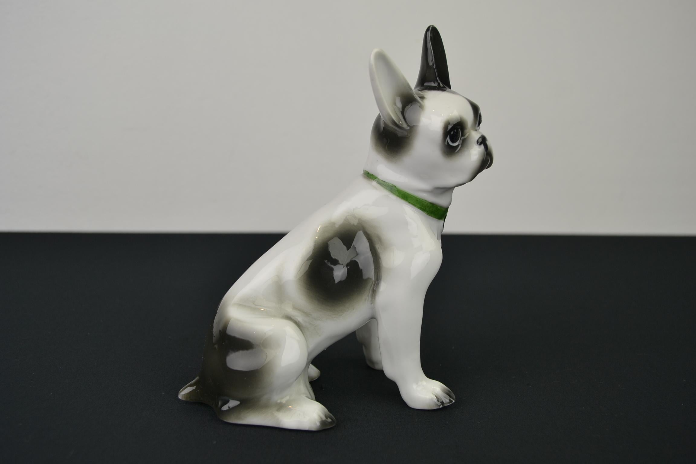 20th Century Porcelain French Bulldog, Boston Terrier Sculpture with Green Collar