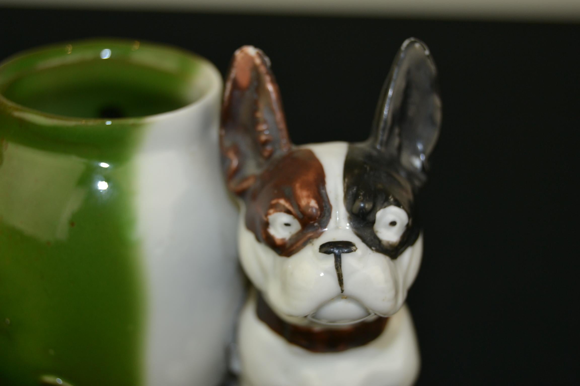 European Porcelain French Bulldog Sculpture Mustard Pot, Art Deco