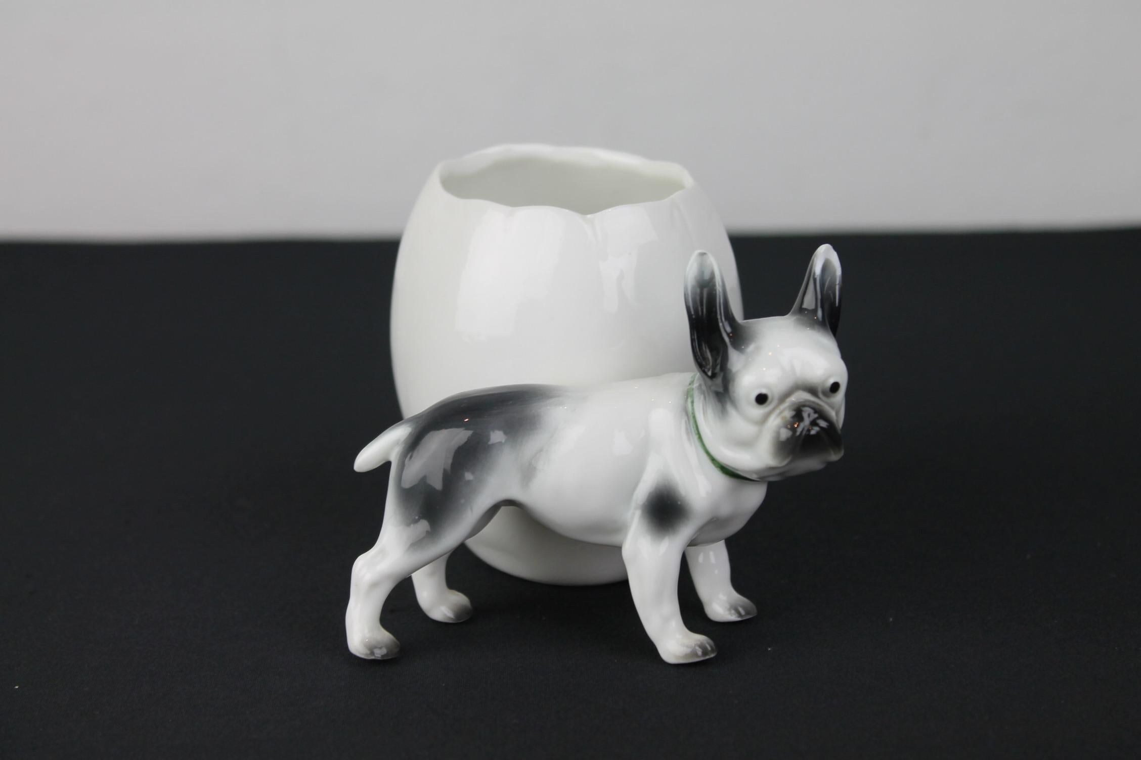 Porcelain French Bulldog Sculpture with Storage Pot or Planter For Sale 2