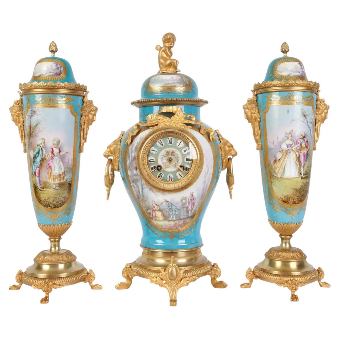 Porcelain Garniture With Clock, France, Second Half of 19th Century For Sale