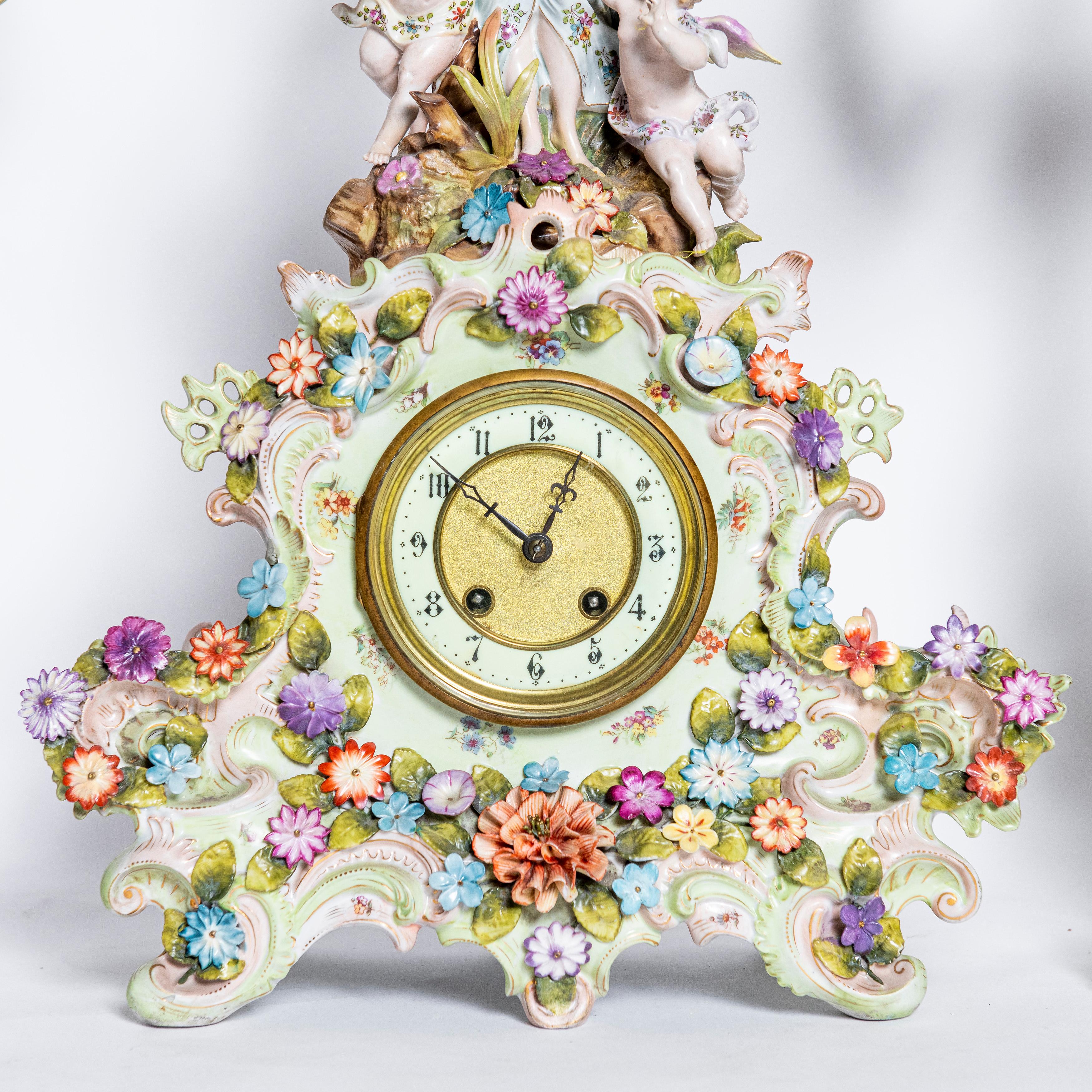 Rococo Porcelain Garniture with Flowers and Angels. Germany, circa 1900 For Sale