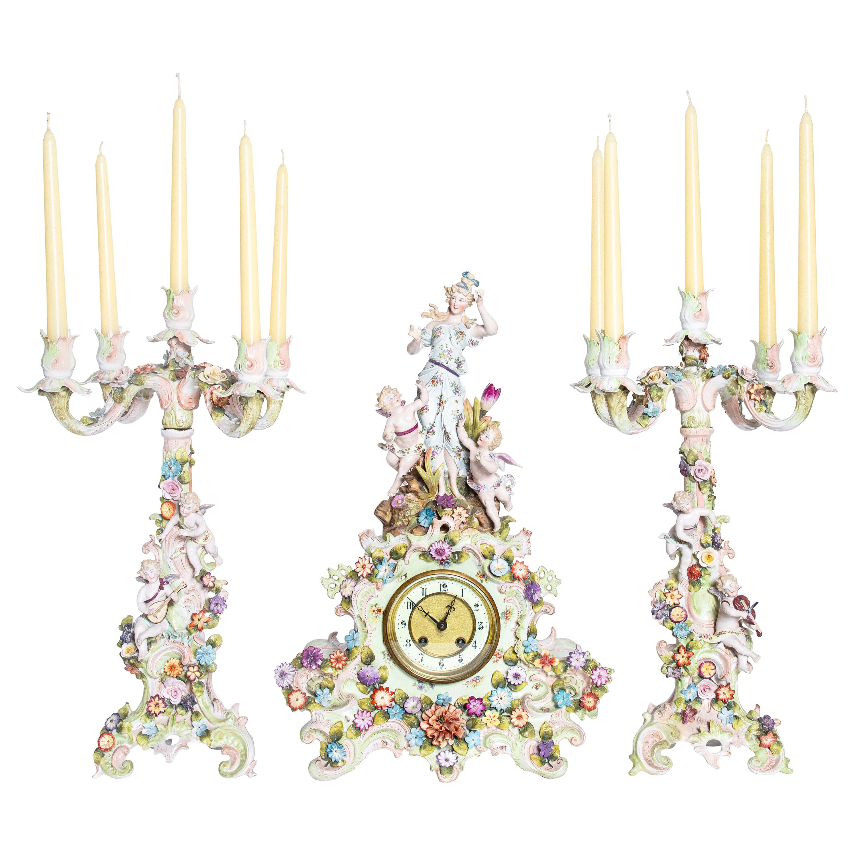 Porcelain Garniture with Flowers and Angels. Germany, circa 1900 For Sale