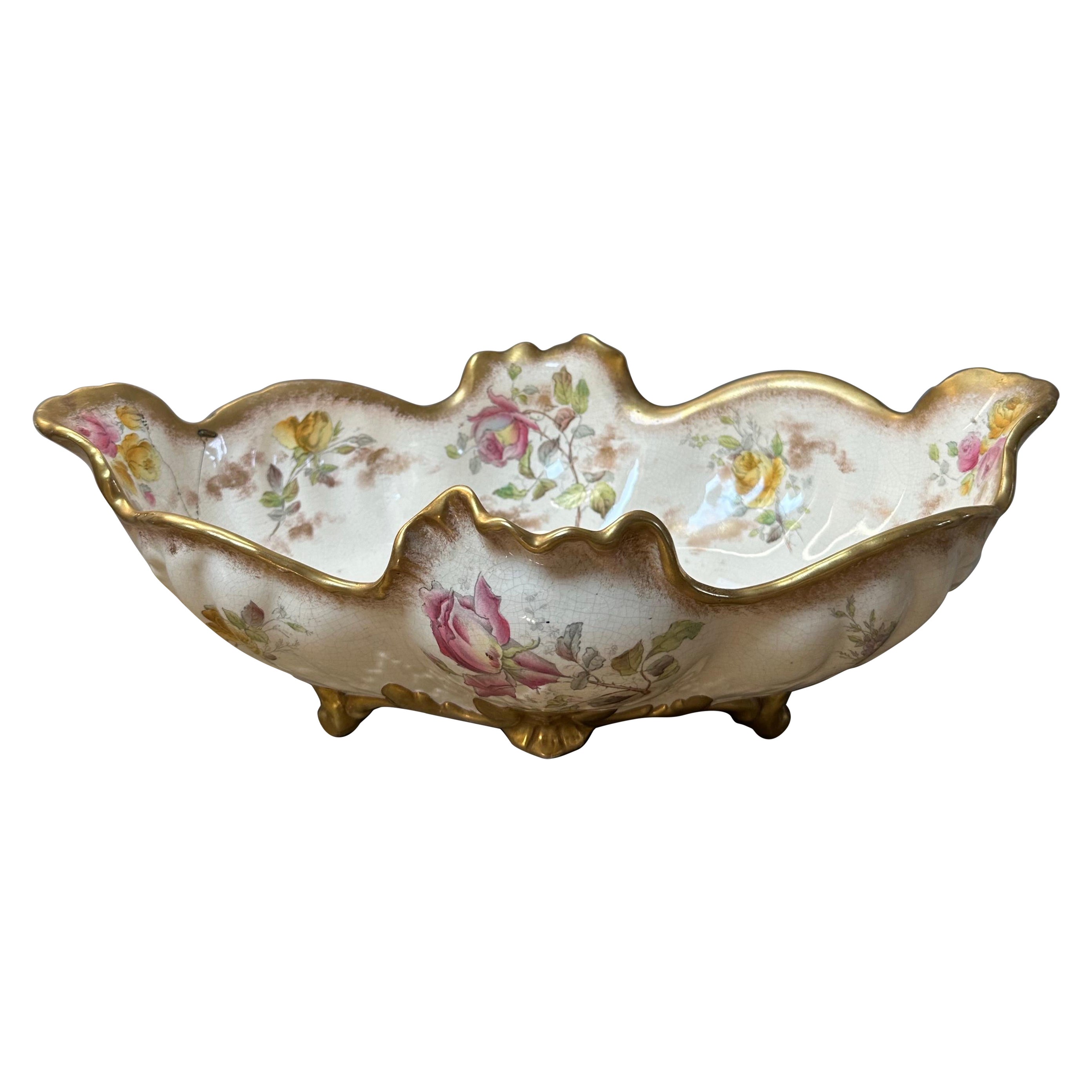 Porcelain gilded footed large floral bowl, by W.A.A. & Co, 1890, Centrepiece