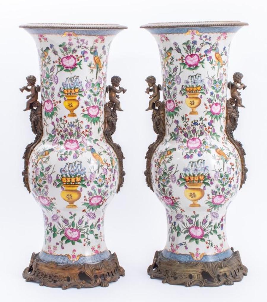 Porcelain & Gilt Bronze Belle Epoque Style Pair Vase For Sale 6