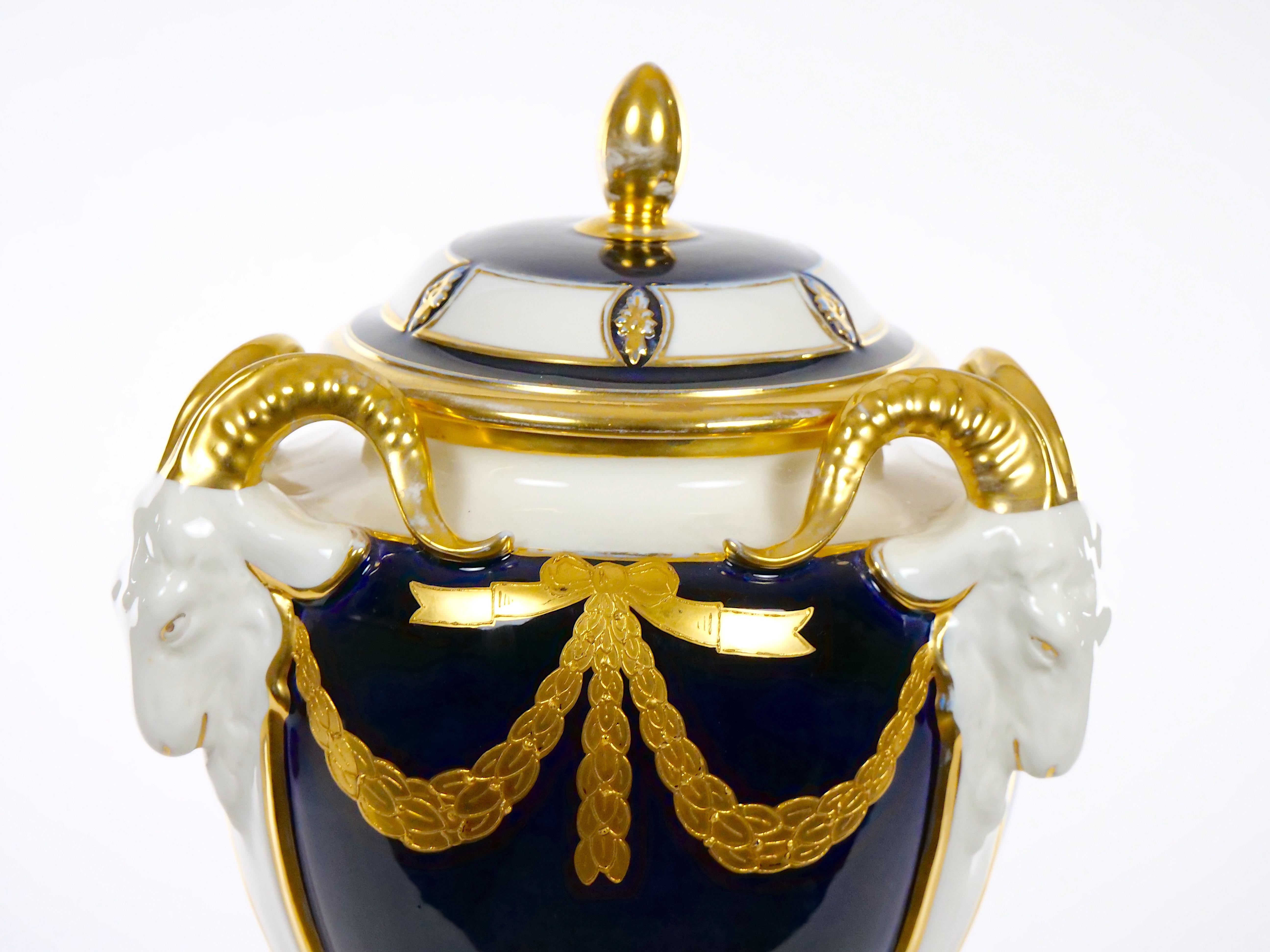 Austrian Porcelain/ Gilt Gold Covered Urn / Figural Ram’s Head Handles