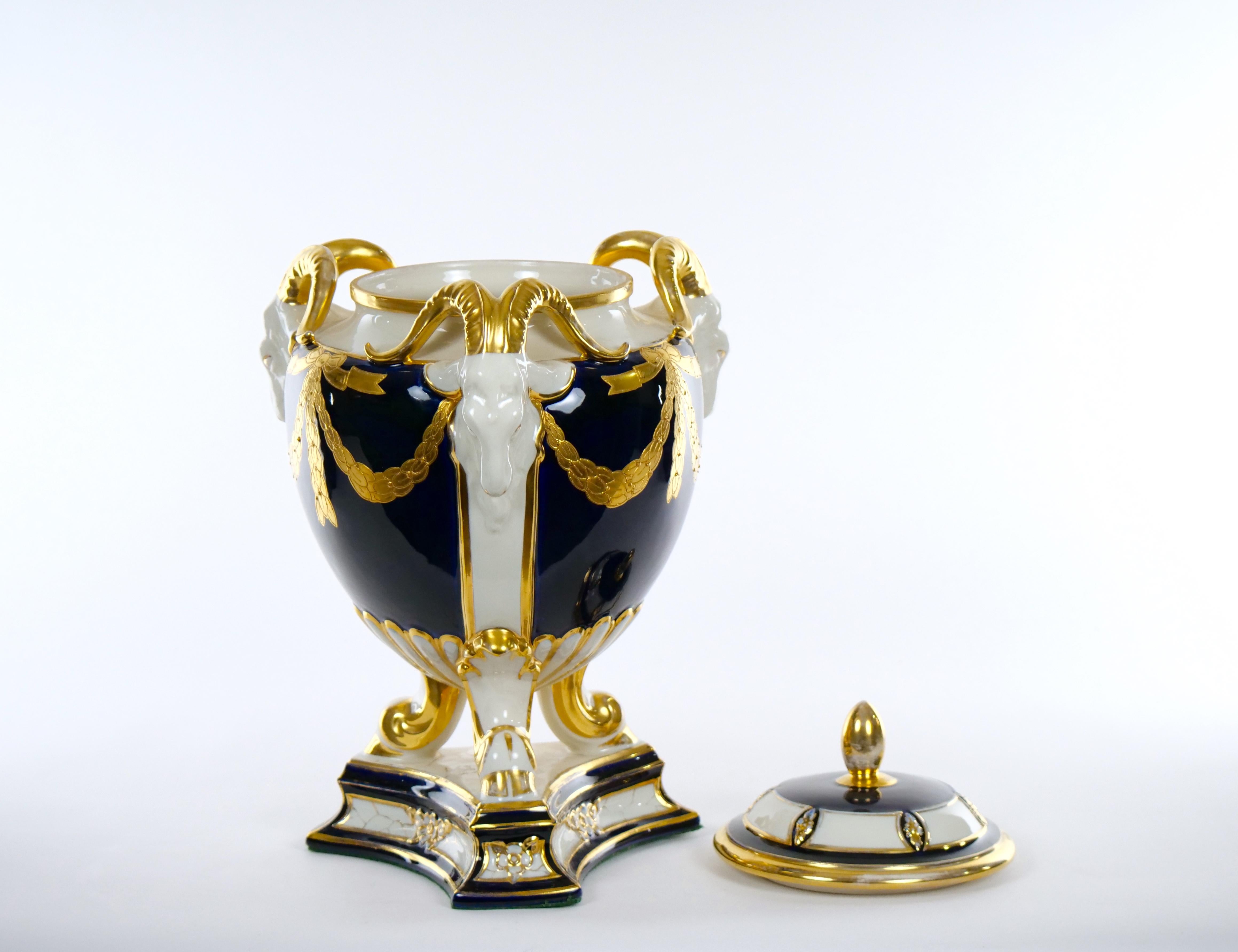 Porcelain/ Gilt Gold Covered Urn / Figural Ram’s Head Handles 1