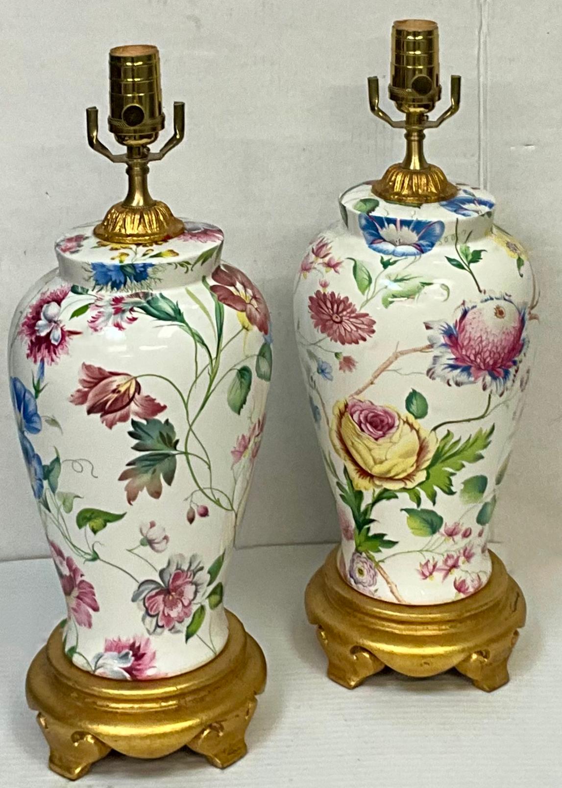 American Porcelain Ginger Jar Form Floral / Botanical Table Lamps Att. Chelsea House-Pair For Sale