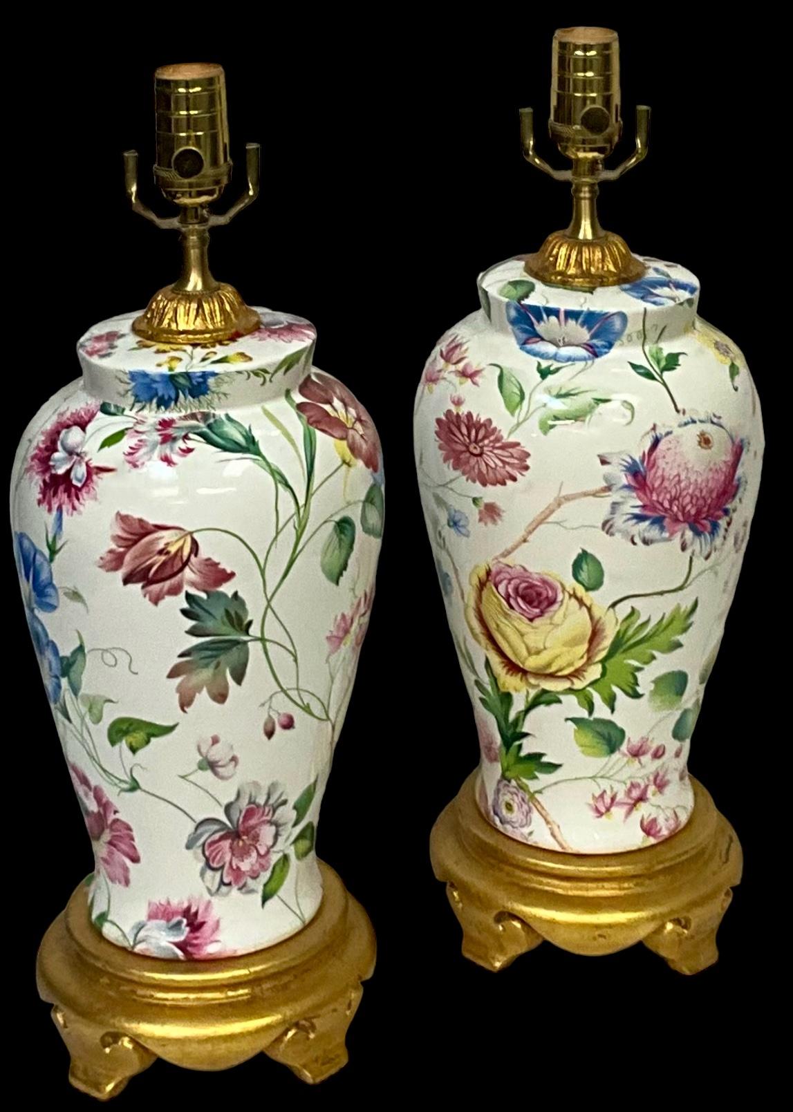 Porcelain Ginger Jar Form Floral / Botanical Table Lamps Att. Chelsea House-Pair In Good Condition For Sale In Kennesaw, GA