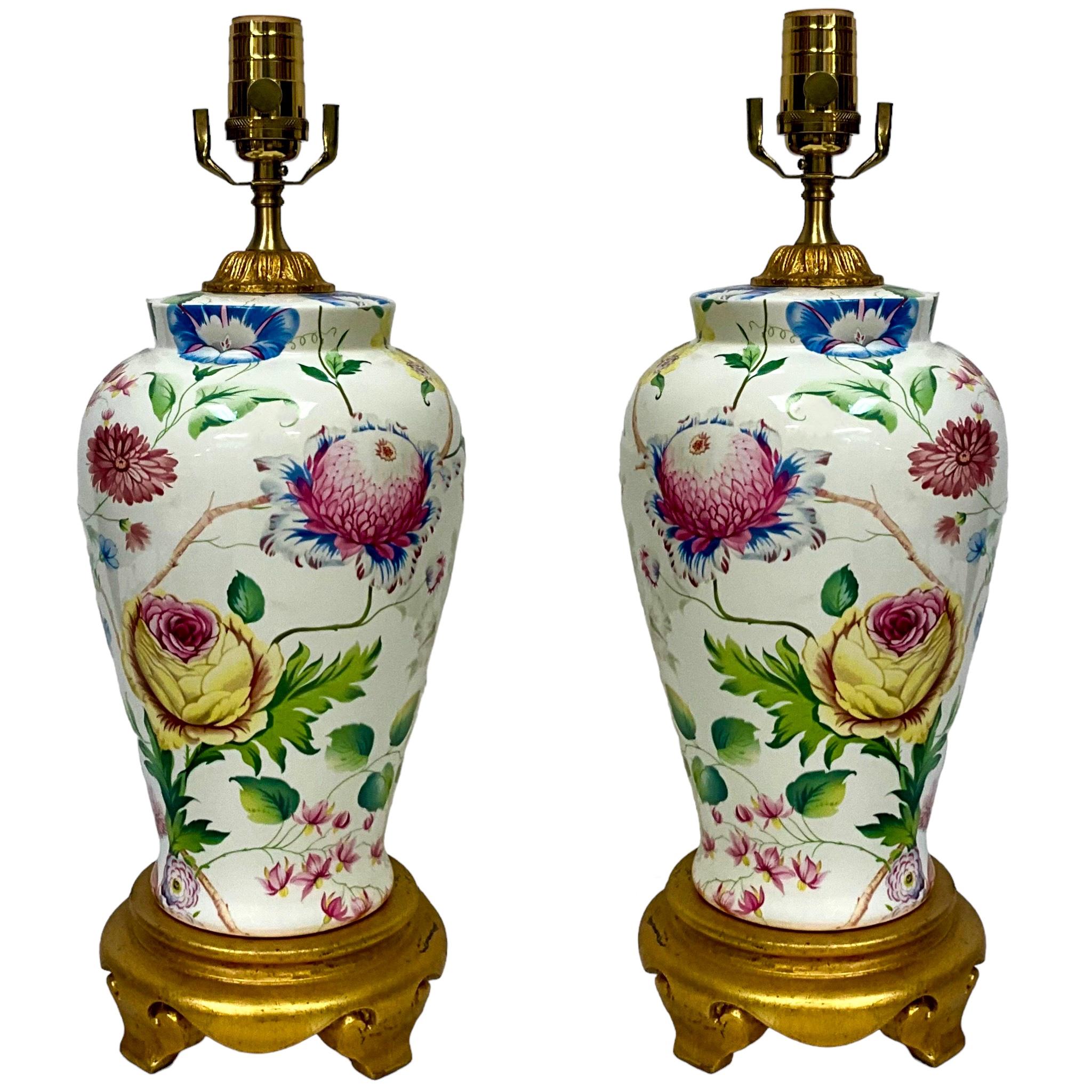 20th Century Porcelain Ginger Jar Form Floral / Botanical Table Lamps Att. Chelsea House-Pair For Sale