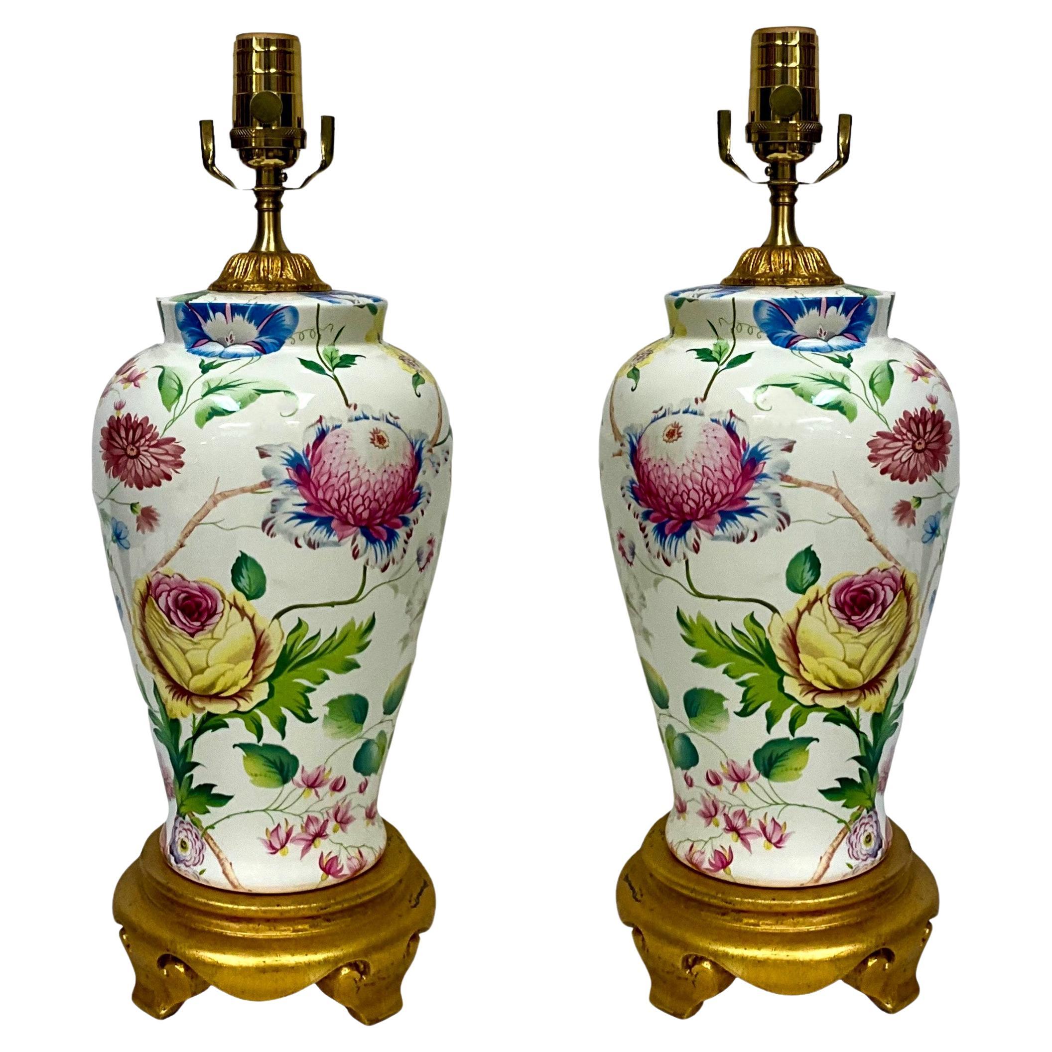 Porcelain Ginger Jar Form Floral / Botanical Table Lamps Att. Chelsea House-Pair For Sale