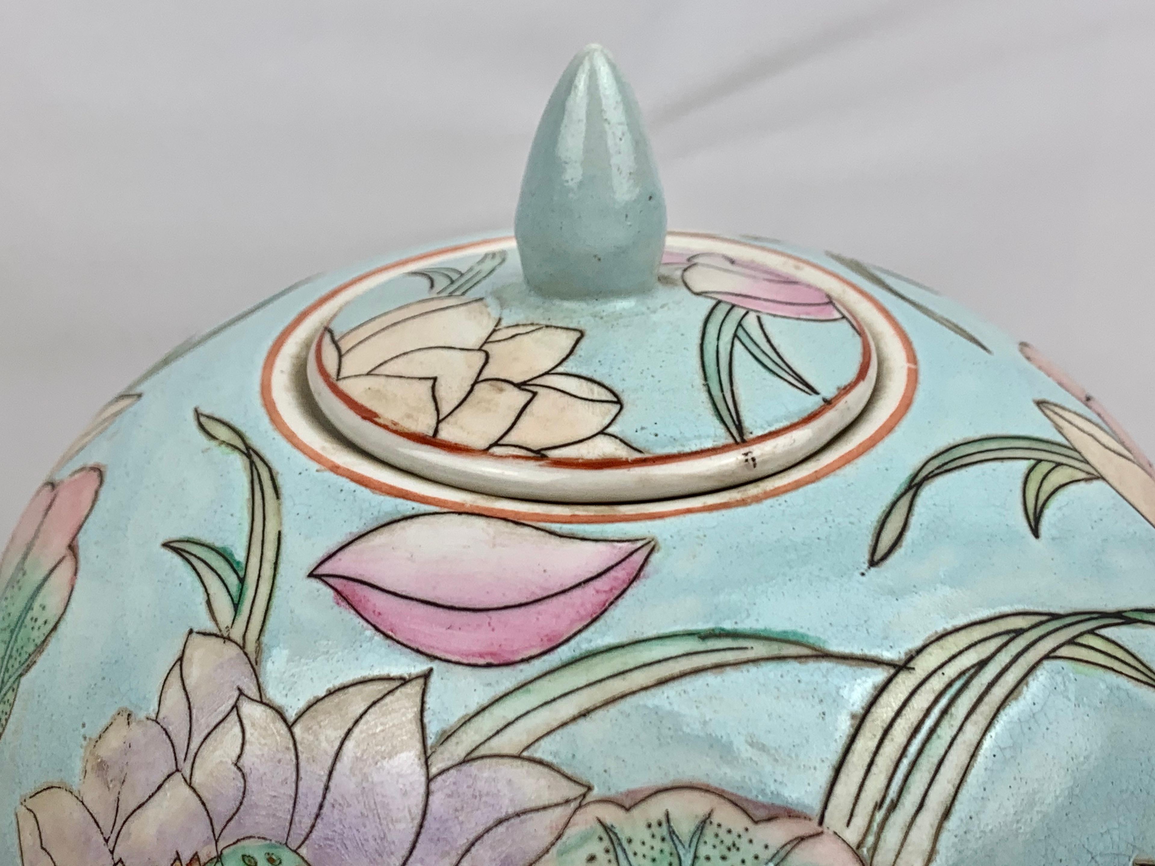 Chinoiserie Hand Painted Porcelain Ginger Jar in Floral Pastel Colors