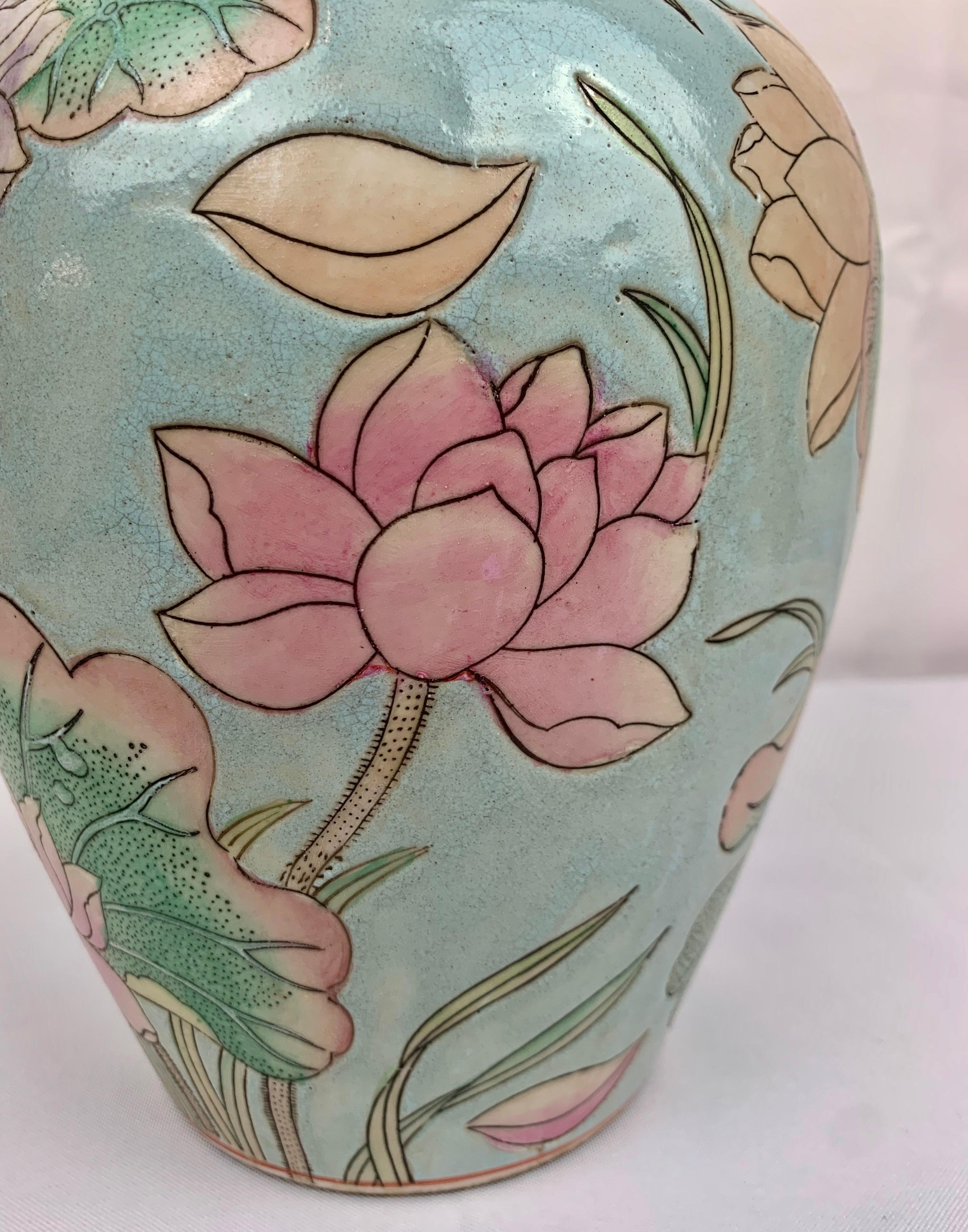 Hand-Painted Hand Painted Porcelain Ginger Jar in Floral Pastel Colors
