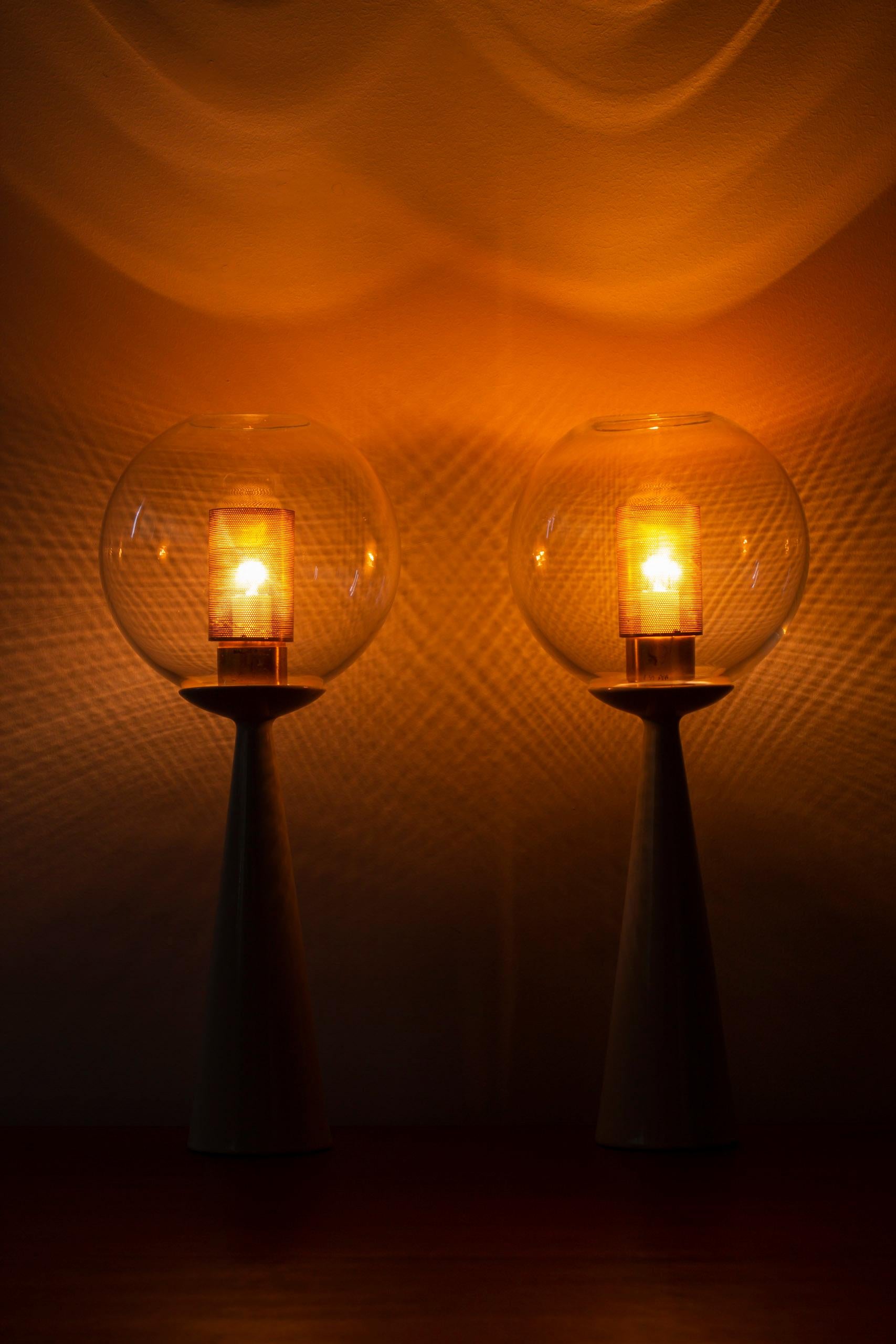 Brass Porcelain, glass and brass table lamps by Hans-Agne Jakobsson, 1950s For Sale