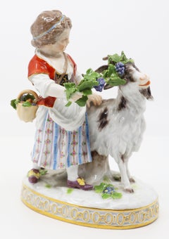 Porcelain Goat and Child, Hand Painted, Meissen, 19th Century