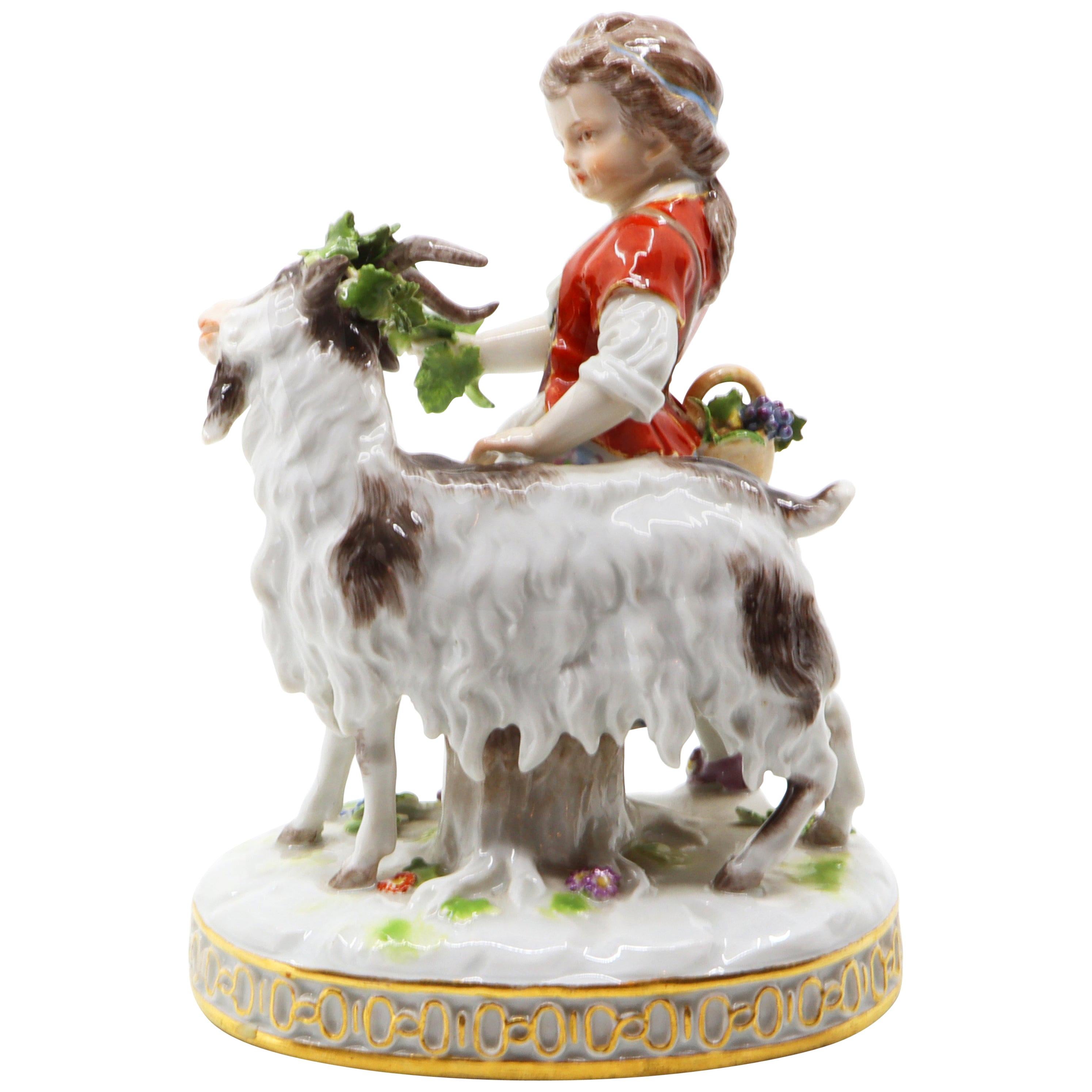 Porcelain Goat and Child, Hand Painted, Meissen, 19th Century For Sale