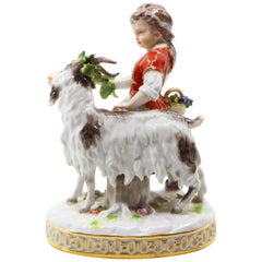 Antique Porcelain Goat and Child, Hand Painted, Meissen, 19th Century