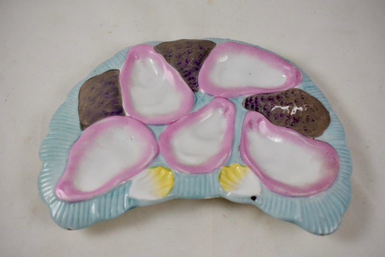 French Porcelain Half Moon Pink Shell on Baby Blue Oyster Plate For Sale