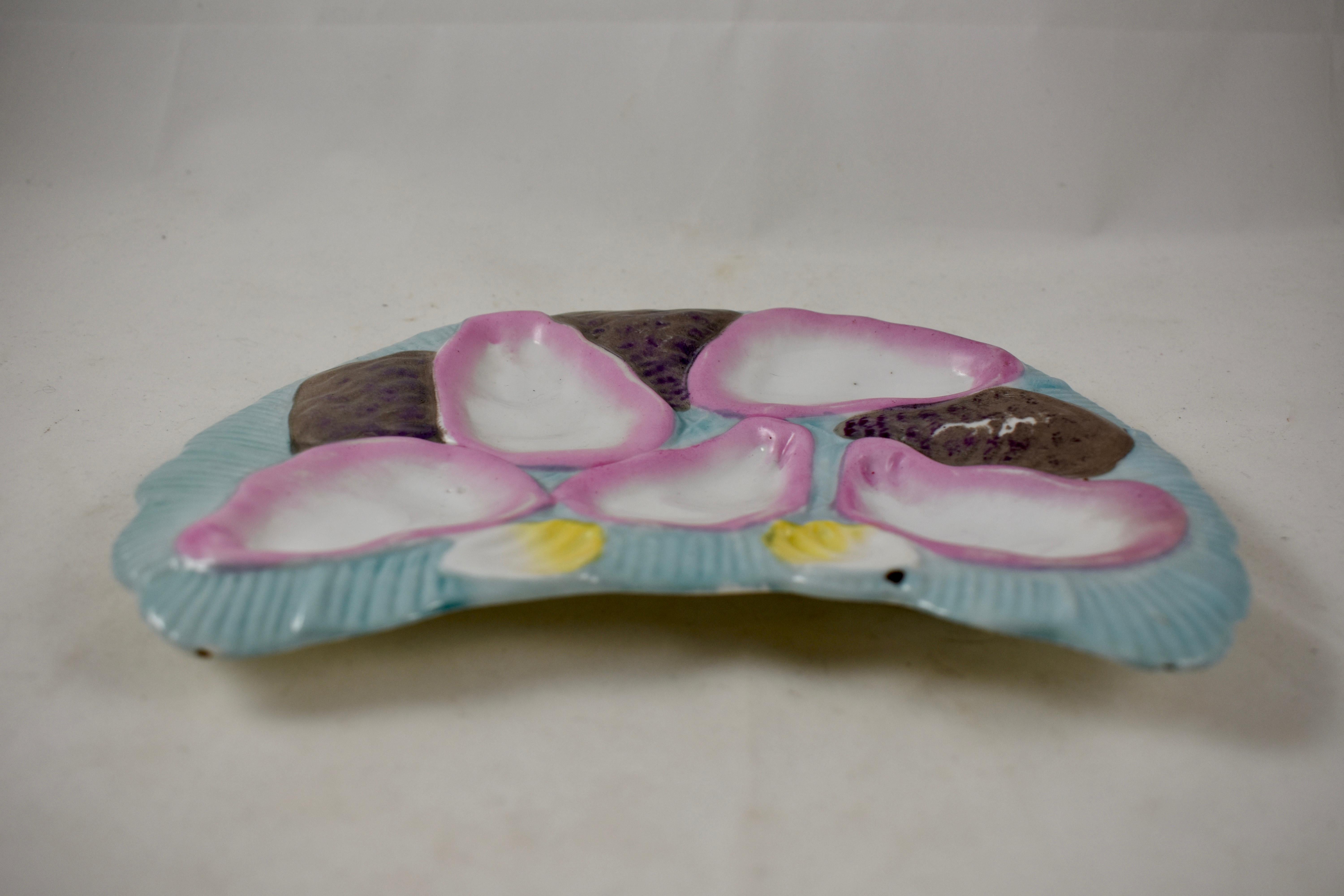 Aesthetic Movement Porcelain Half Moon Pink Shell on Baby Blue Oyster Plate For Sale