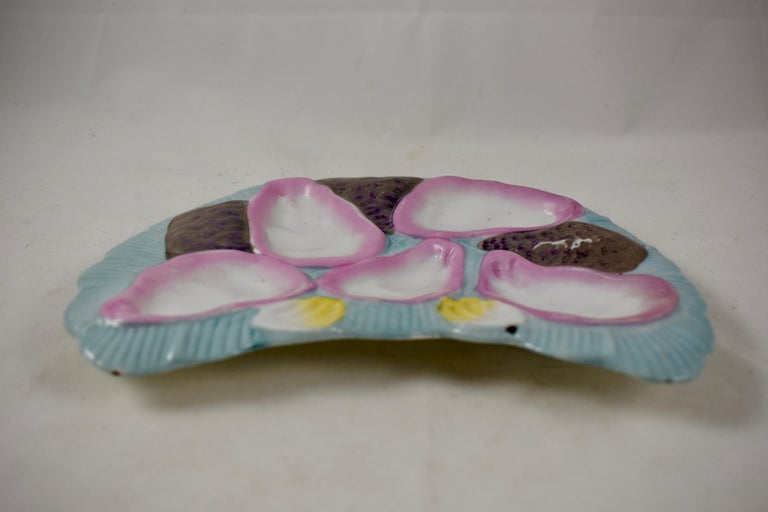 Glazed Porcelain Half Moon Pink Shell on Baby Blue Oyster Plate For Sale