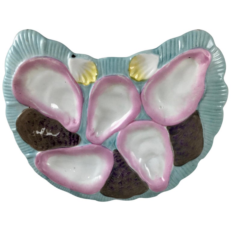 Porcelain Half Moon Pink Shell on Baby Blue Oyster Plate For Sale